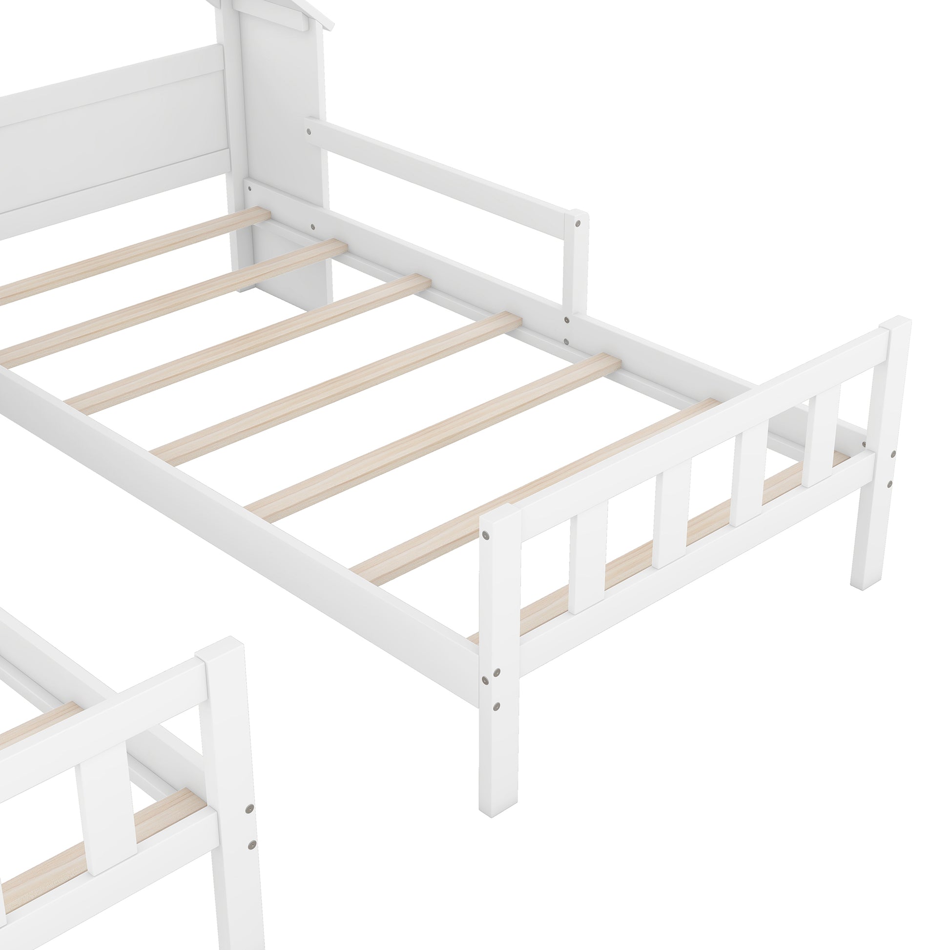 Double Twin Size Platform Bed With House Shaped Headboard And A Built In Nightstand, White Box Spring Not Required Twin White Wood Bedroom Bed Frame Solid Wood Mdf