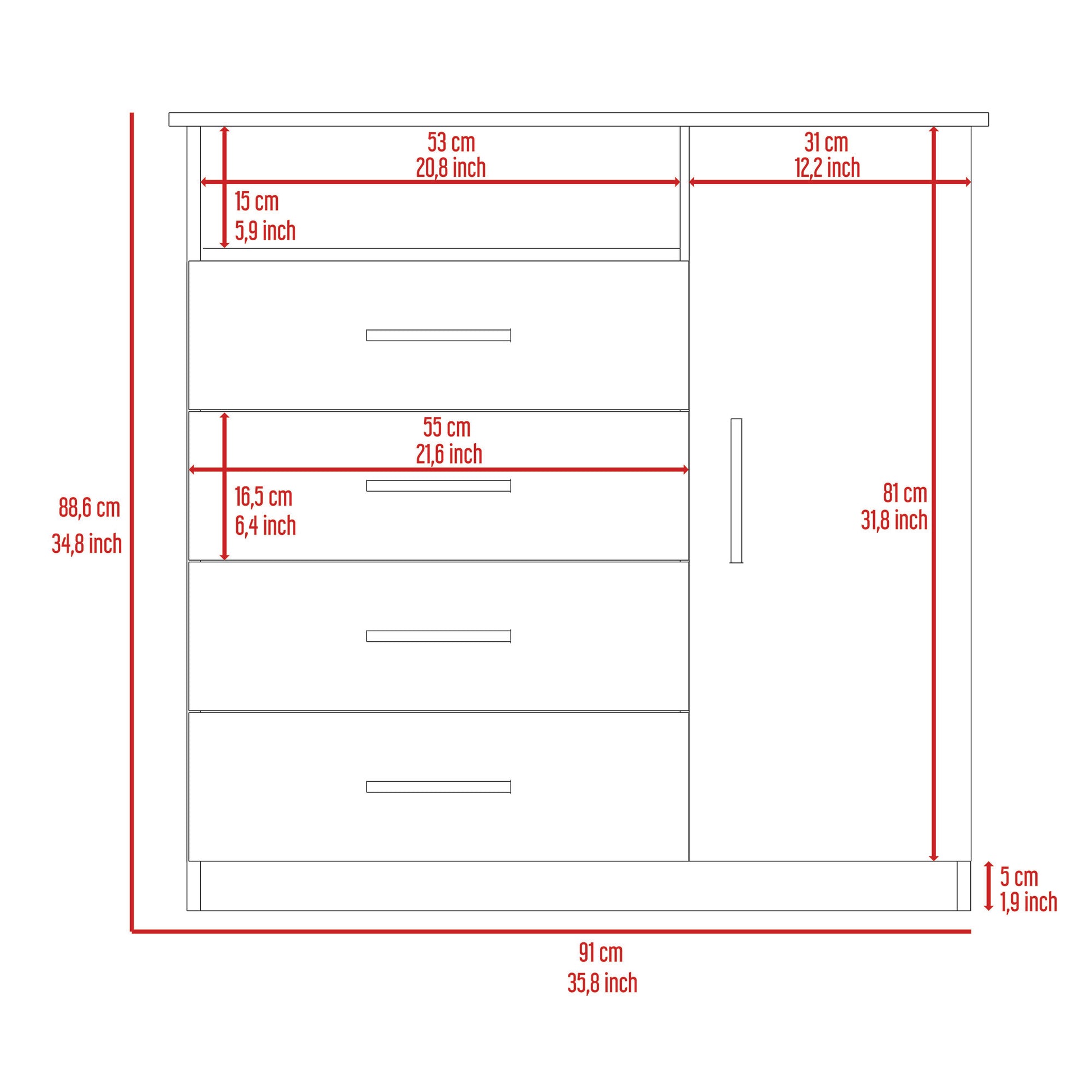 Peru 4 Drawer Dresser, Single Door Cabinet, One Open Shelf, Superior Top White White Bedroom Modern Particle Board Particle Board