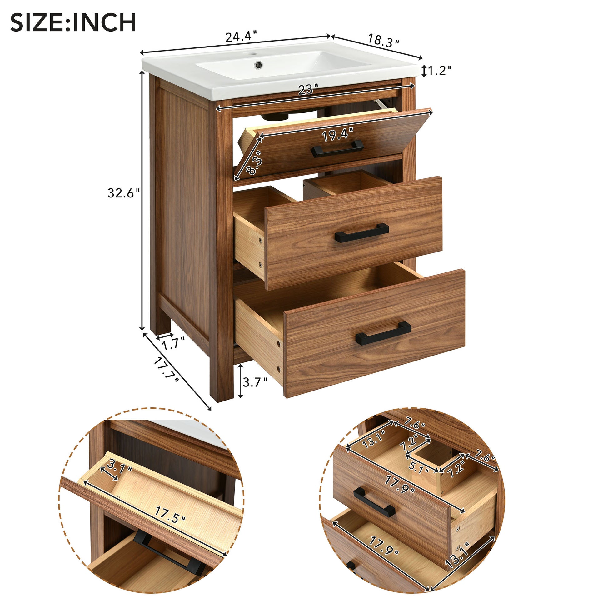 24'' Bathroom Vanity With Ceramic Basin Sink, Modern Bathroom Storage Cabinet With 3 Drawers, Freestanding Bathroom Vanity Cabinet With Single Sink 3 Natural Wood Adjustable Hinges Modern Mdf