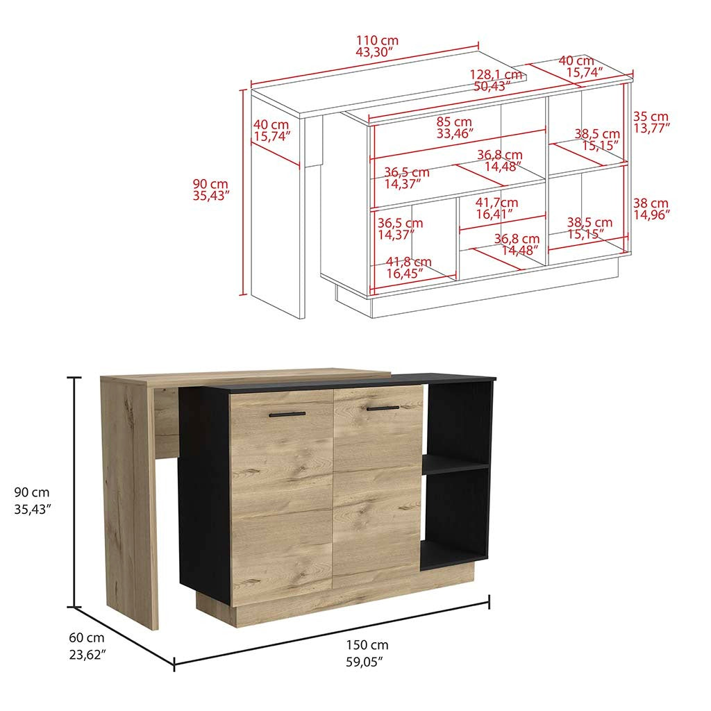 Sicilia Kitchen Island, Two External Shelves, Double Door Cabinets, Three Shelves Black Light Oak Multicolor Kitchen Modern Rectangular Stationary Kitchen Islands Particle Board Particle Board Medium 40 55In