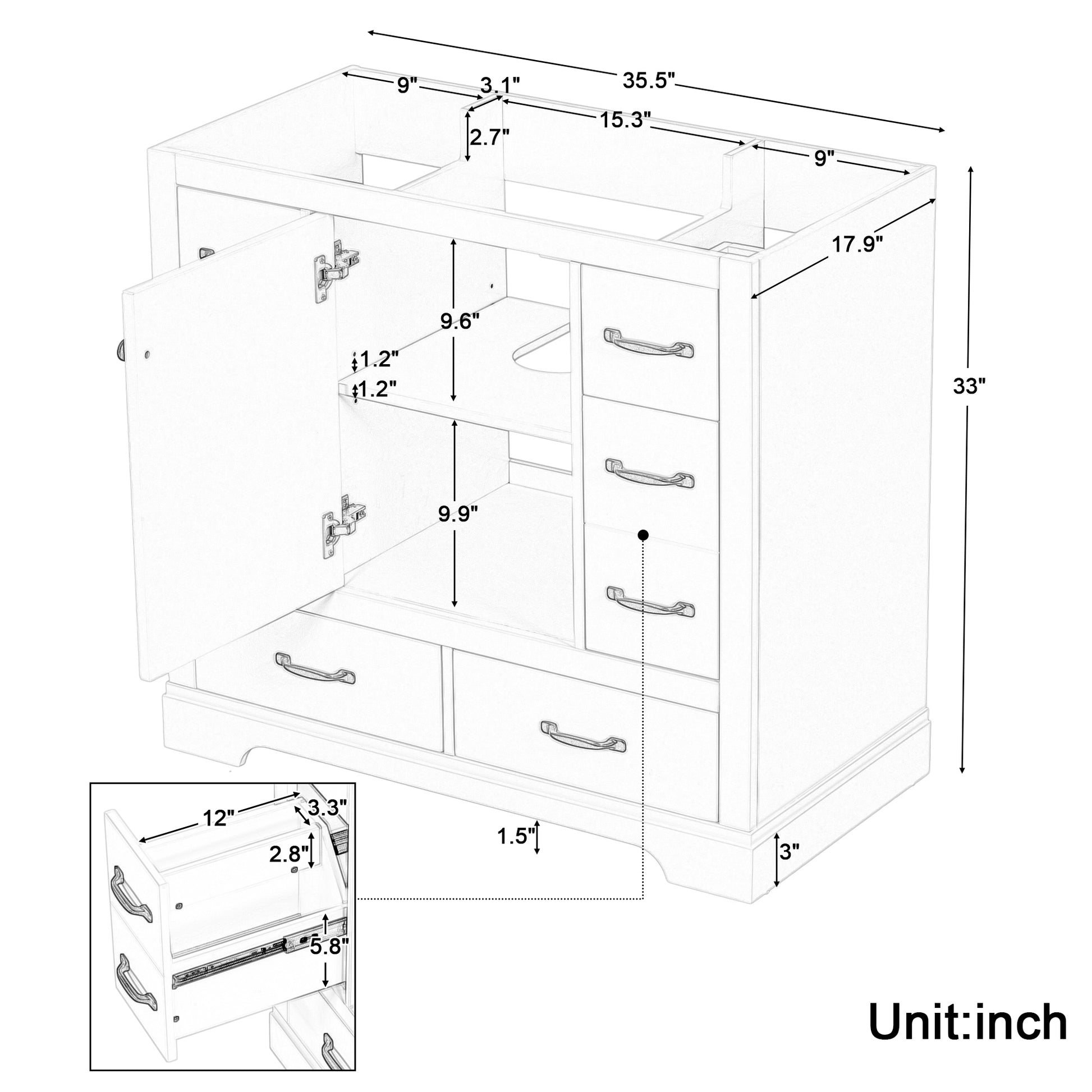 36" Bathroom Vanity Without Sink, Cabinet Base Only, Six Drawers, Multi Functional Drawer Divider, Adjustable Shelf, White White Solid Wood Mdf