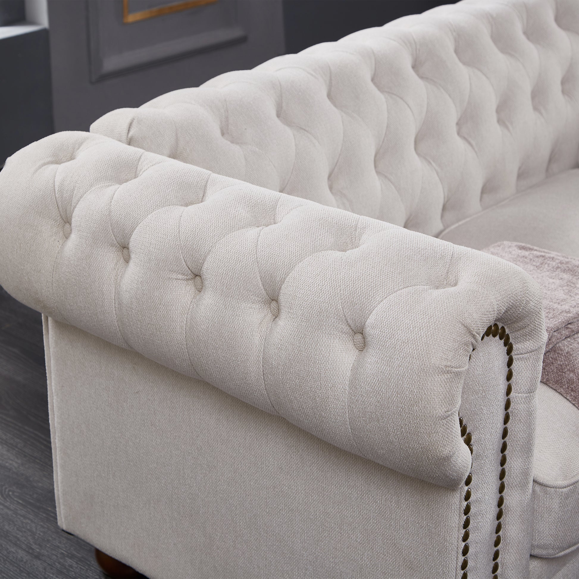 Chesterfield Sofa Beige Linen Fabric Beige Beige Foam Fabric