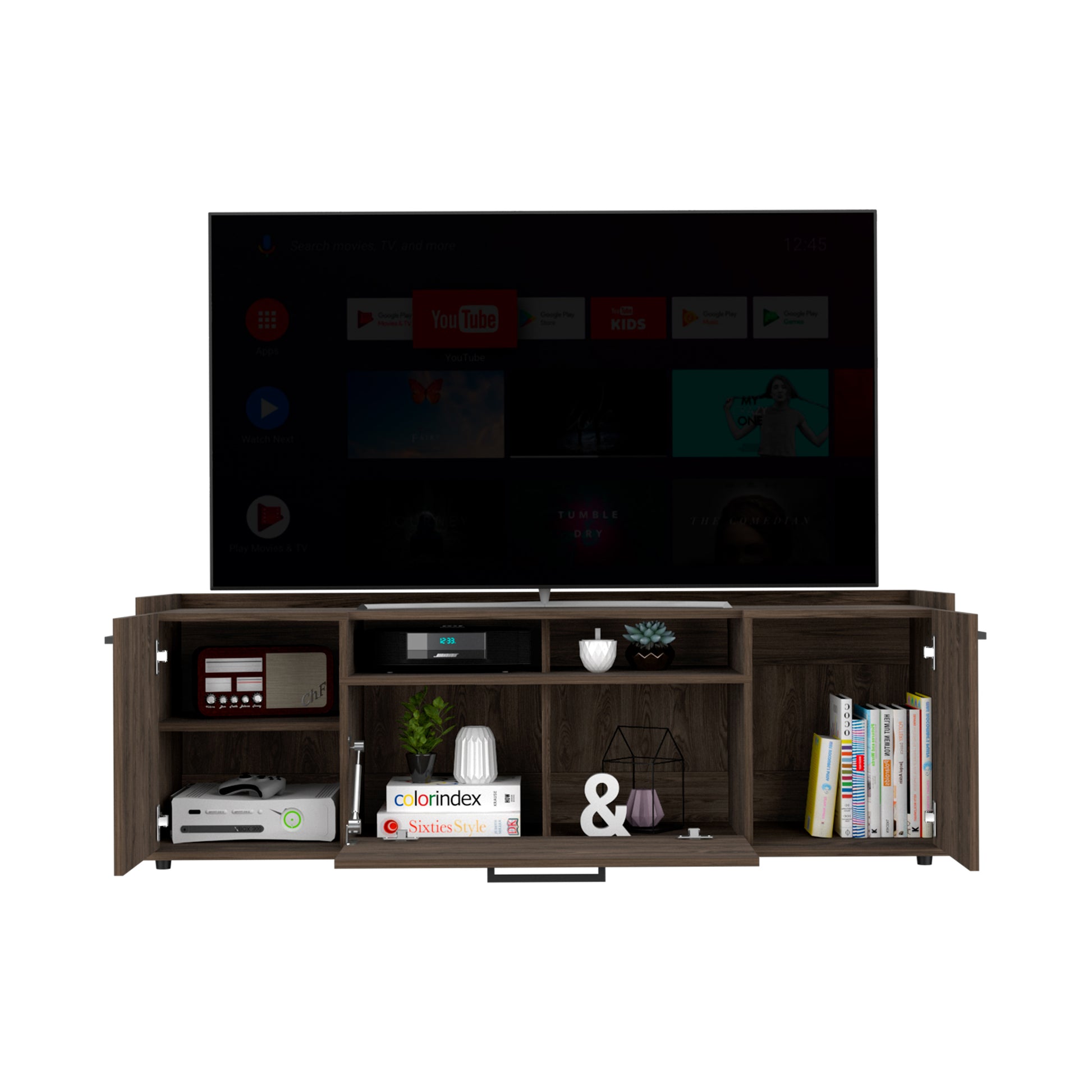 Lyon Tv Stand For Tv S Up 55", One Cabinet, Double Door Dark Walnut Brown Primary Living Space 50 59 Inches 50 59 Inches Modern 55 Inches Particle Board Particle Board