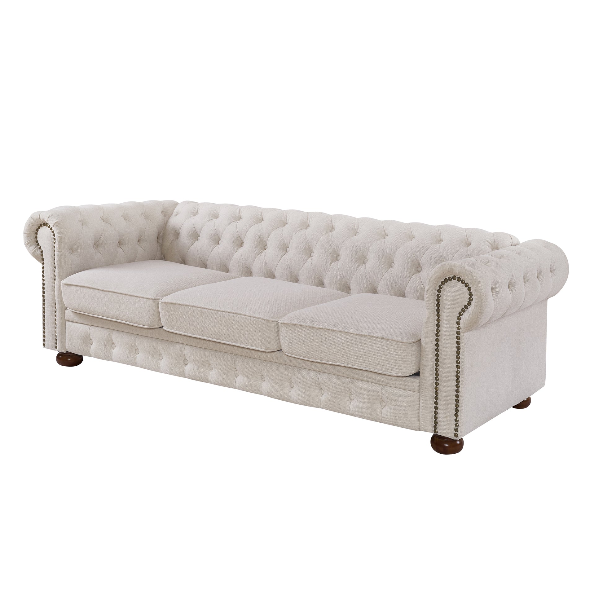 Chesterfield Sofa Beige Linen Fabric Beige Beige Foam Fabric