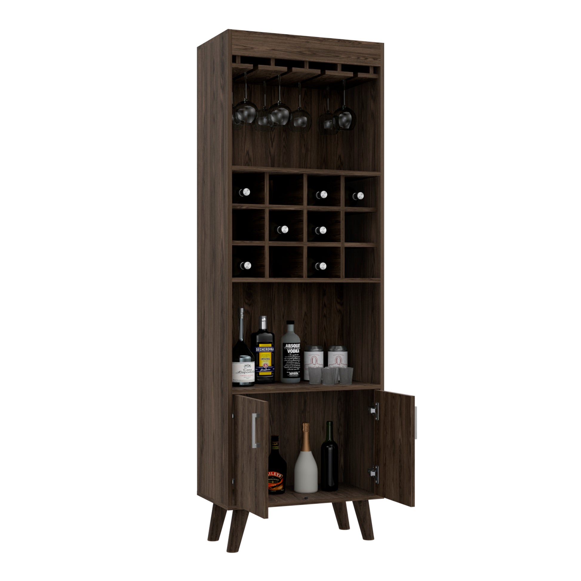 Oslo Bar Cabinet, Twelve Built In Wine Rack, Double Door Cabinet, Two Shelves Dark Walnut Black Dark Walnut Particle Board Particle Board