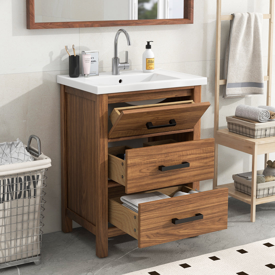 24'' Bathroom Vanity With Ceramic Basin Sink, Modern Bathroom Storage Cabinet With 3 Drawers, Freestanding Bathroom Vanity Cabinet With Single Sink 3 Natural Wood Adjustable Hinges Modern Mdf