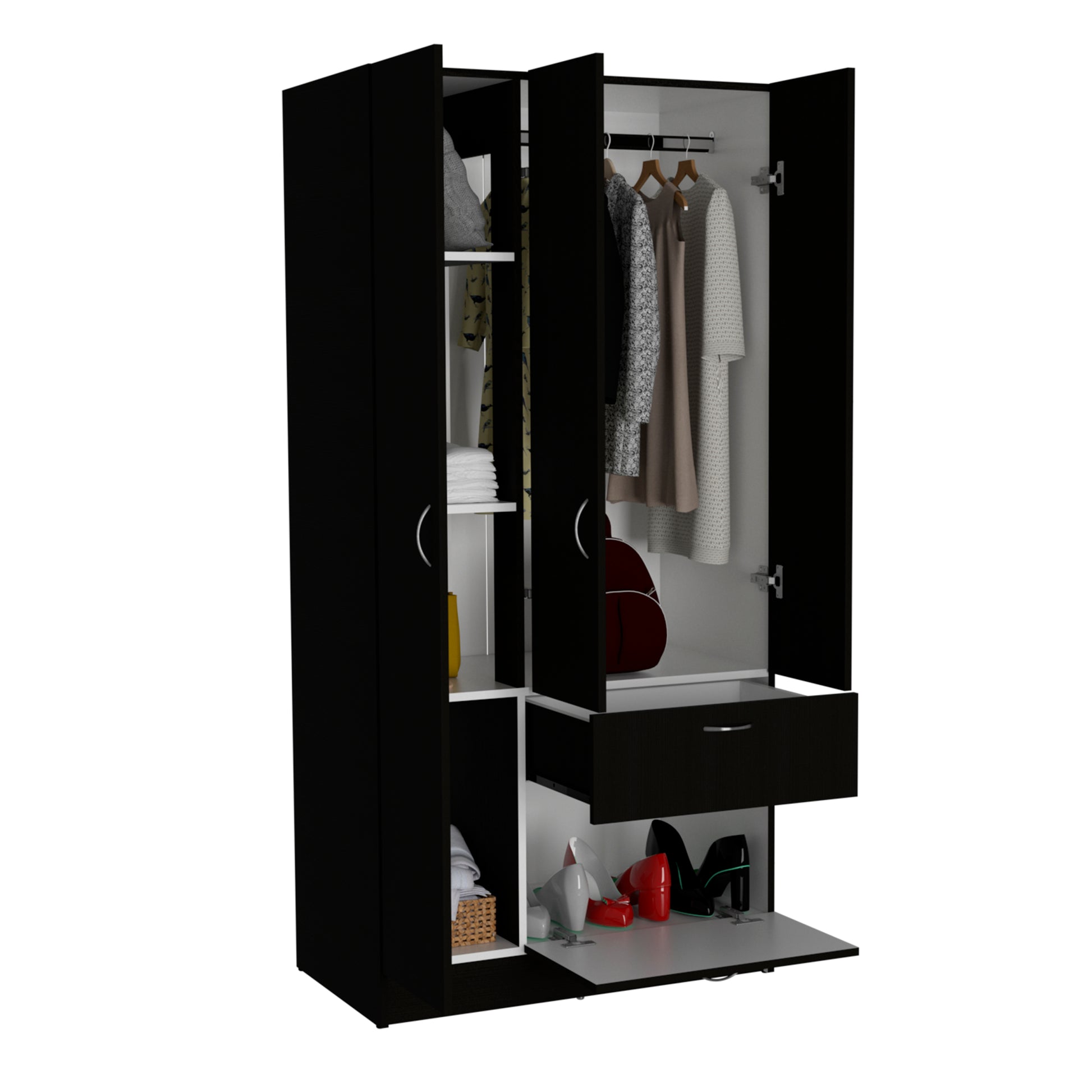 Primavera Armoire, Double Door Cabinets, One Drawer, Metal Rod, Five Shelves Black White Multicolor Particle Board Particle Board