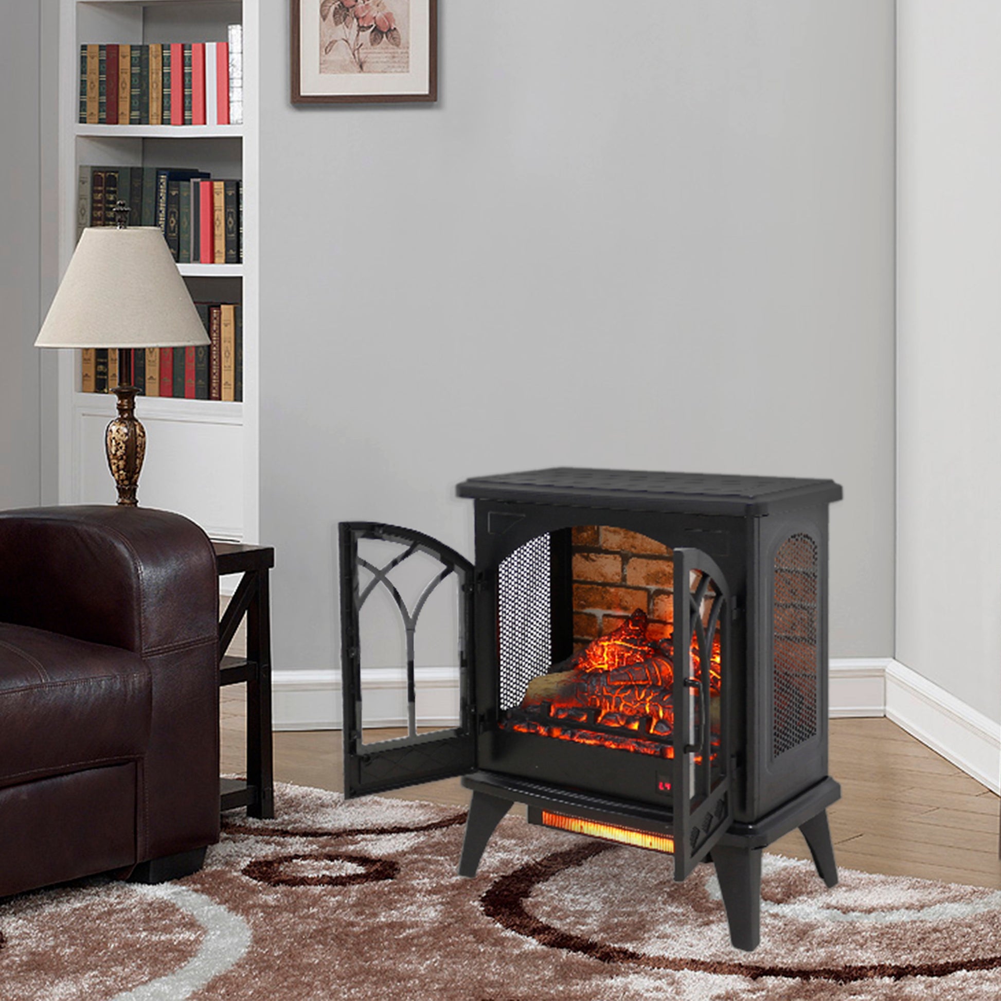 24 Inch 3D Flame Electric Infrared Quartz Fireplace Stove With Remote Control Powder Coated Electric Yes Antique Black Vent Free Yes Freestanding Tempered Glass Sheet Metal Electric