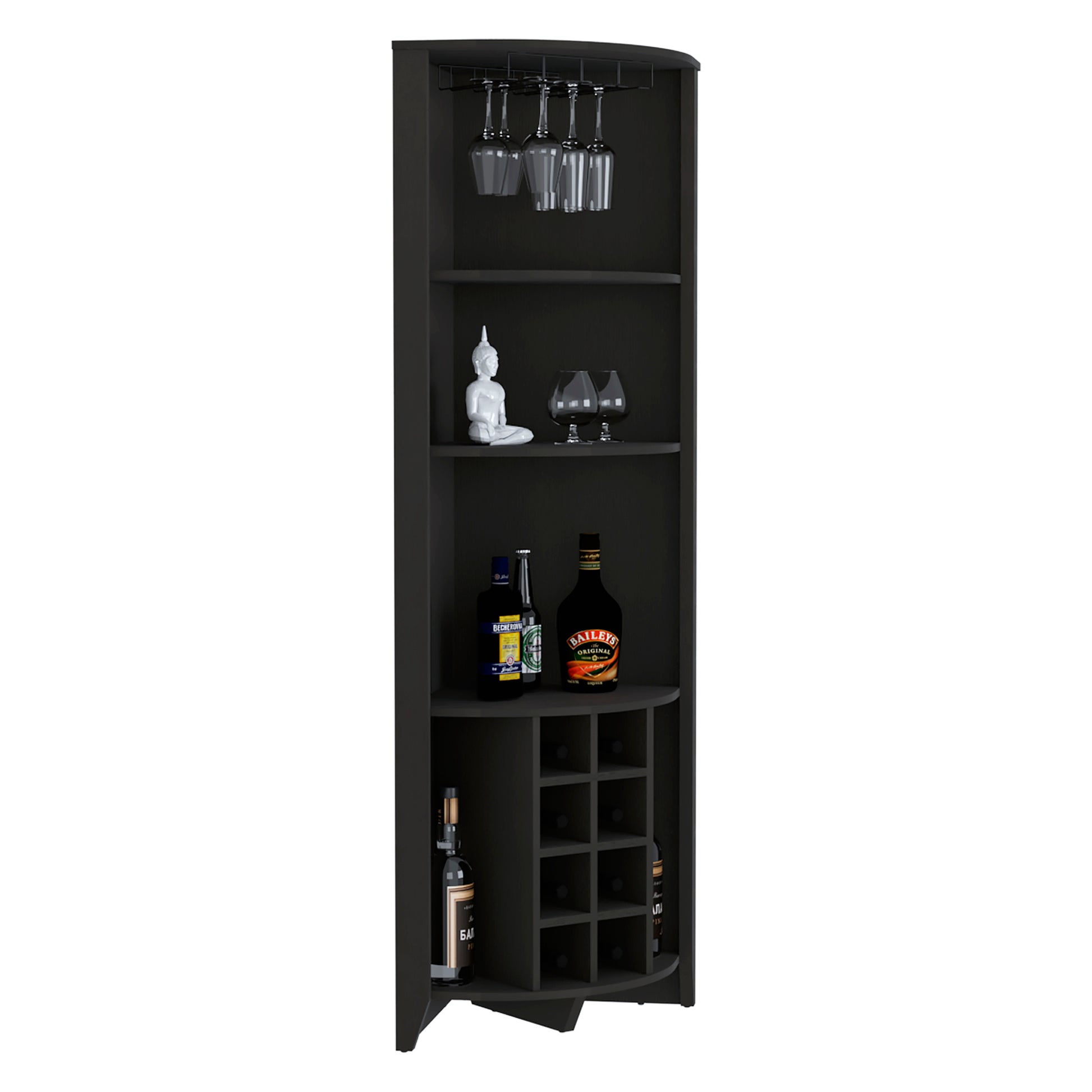 Essential Corner Bar Cabinetthree Shelves, Eight Built In Wine Rack, Two Side Shelves Black Black Dining Room Modern Shelves Included Particle Board