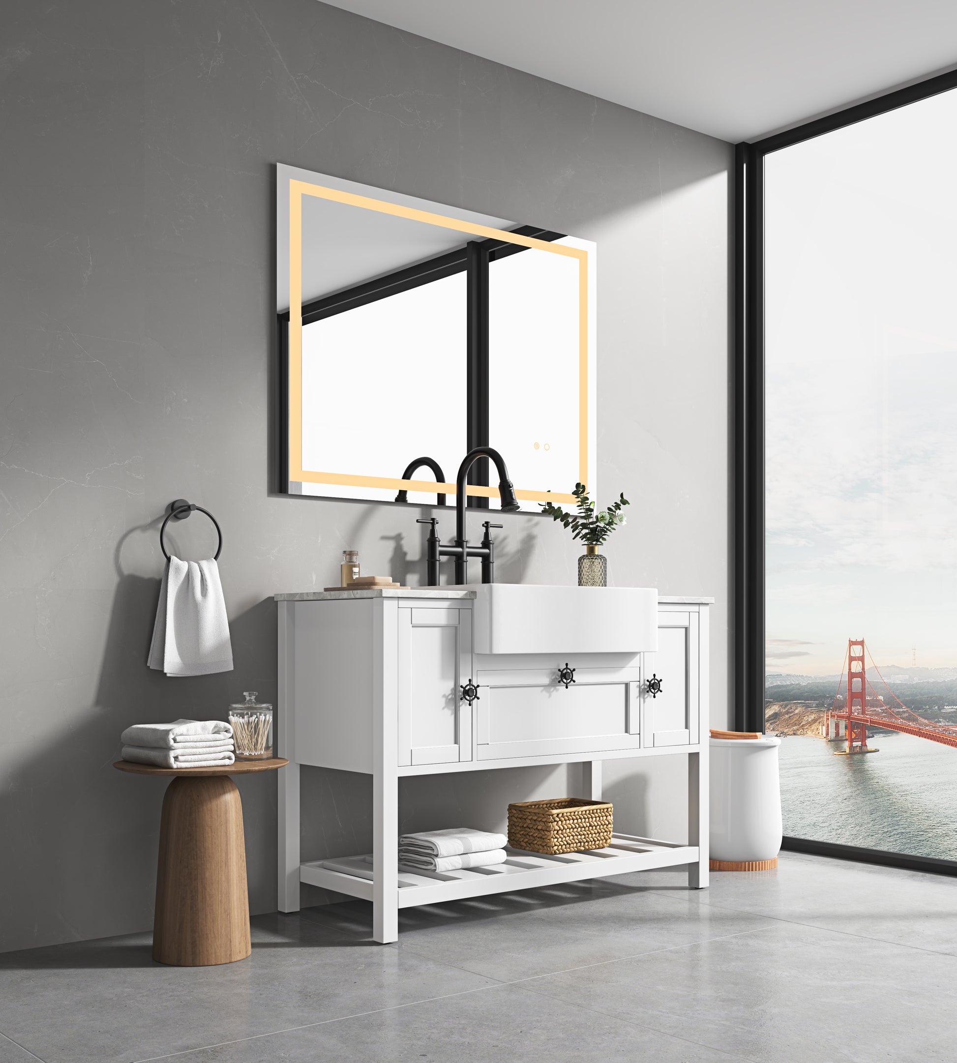 Led Bathroom Mirror 48 "X 36 " With Front And Backlight, Large Dimmable Wall Mirrors With Anti Fog, Memory, 3Colors, Led Vanity Mirror White Aluminium