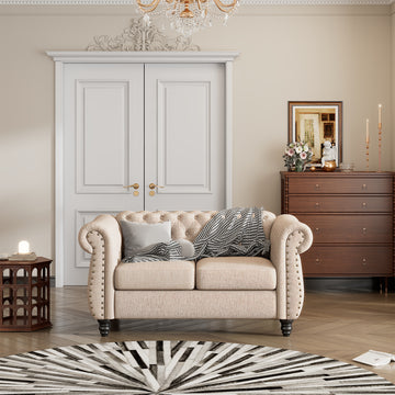 60" Modern Sofa Dutch Plush Upholstered Sofa, Solid Wood Legs, Buttoned Tufted Backrest, Beige Beige Foam Polyester