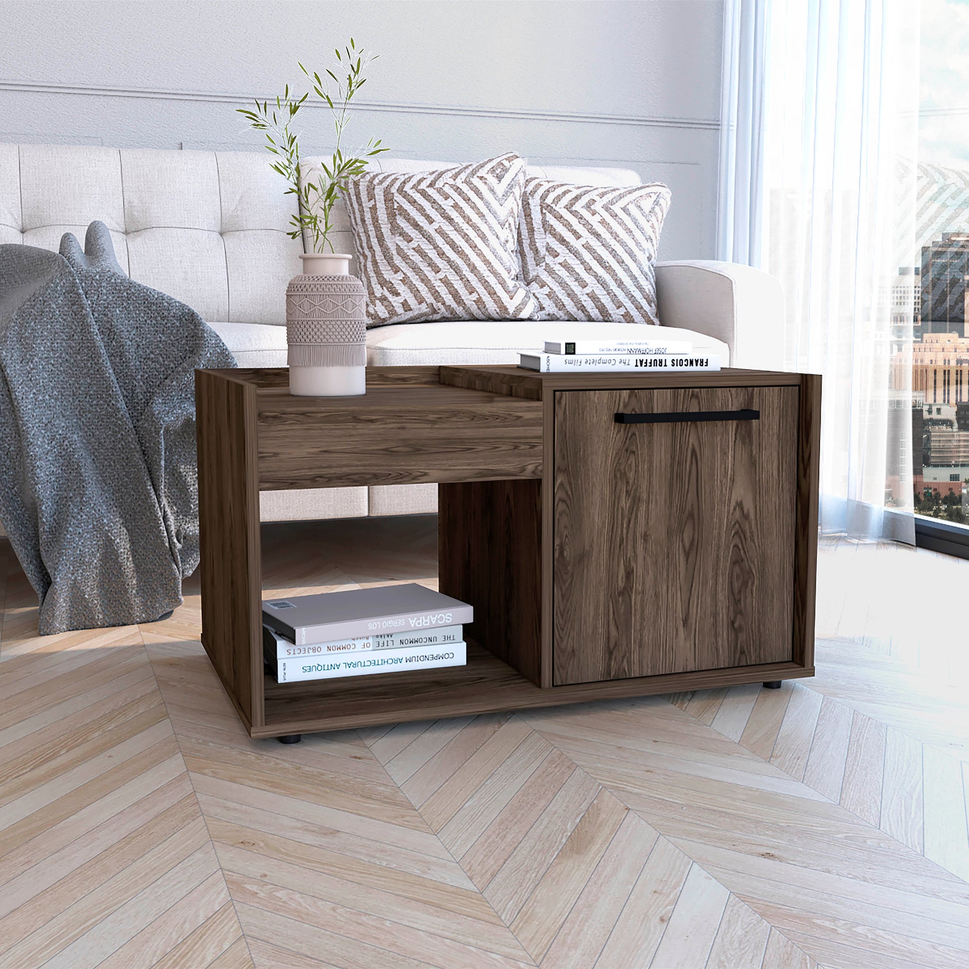 Velvet Coffee Table, One Open Shelf, Single Door Cabinet Brown Mdf Engineered Wood