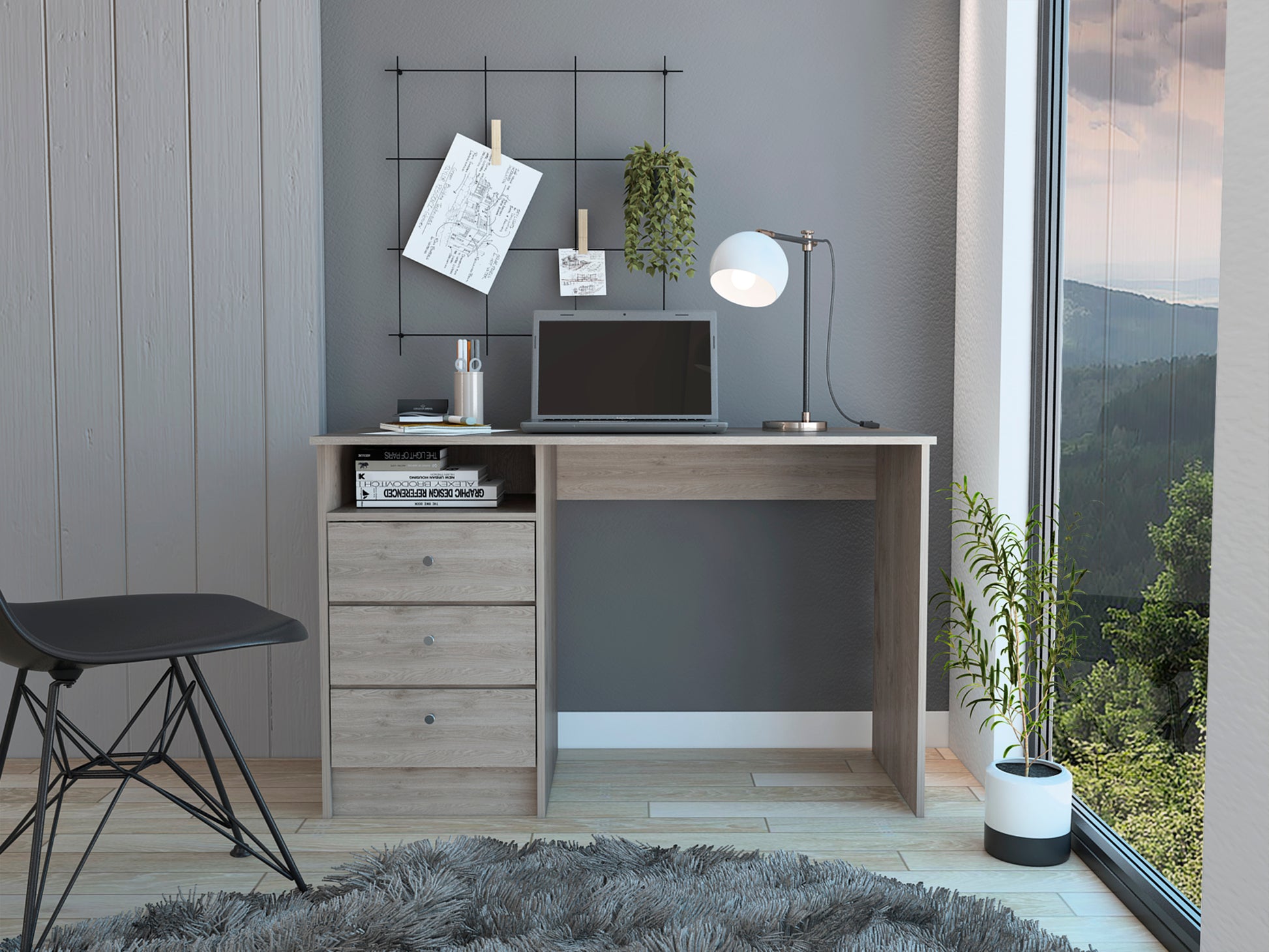 Andalucia 3 Drawer Computer Desk, One Shelf Gray Computer Desk Primary Living Space Modern Rectangular Shelves Desk Rectangular Particle Board