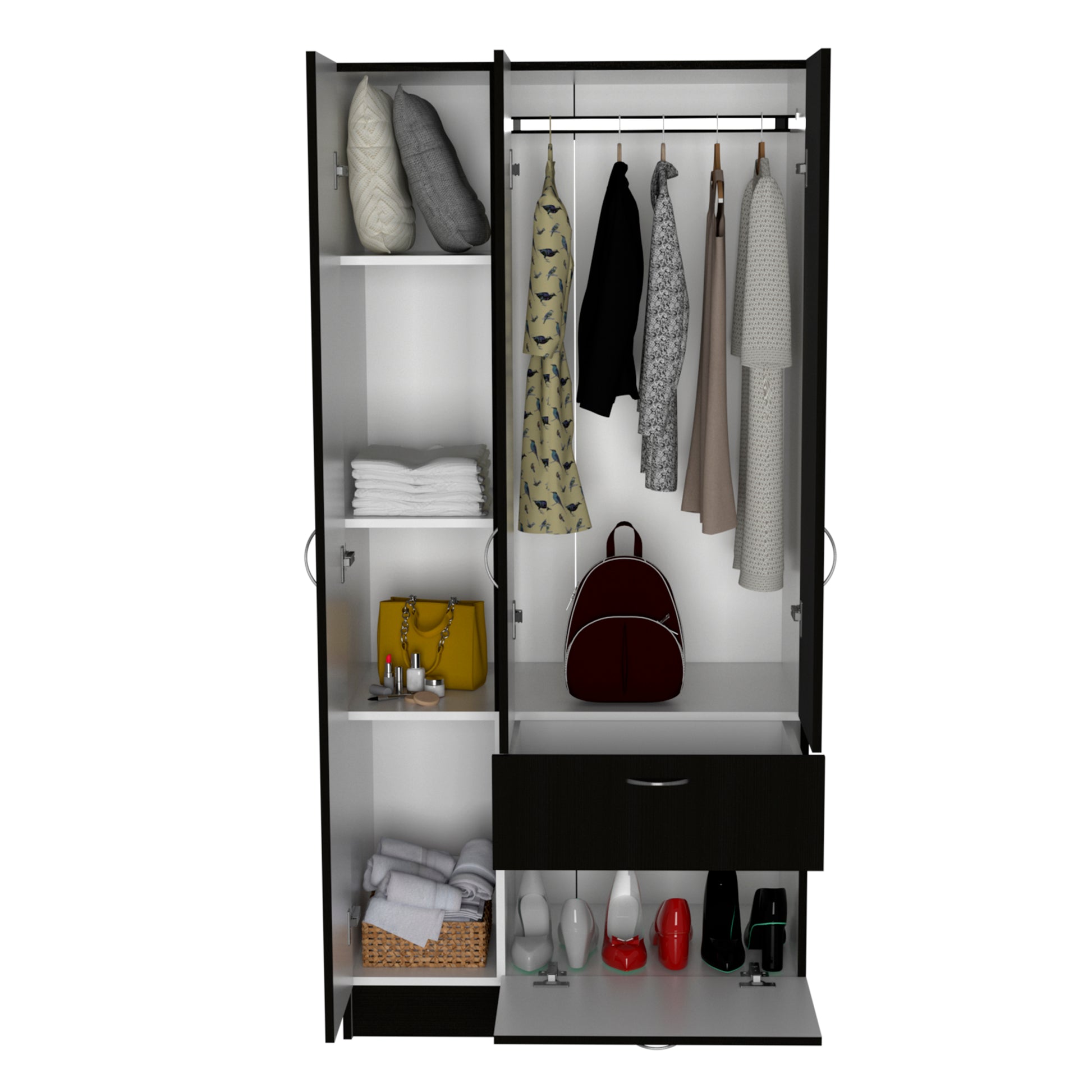 Primavera Armoire, Double Door Cabinets, One Drawer, Metal Rod, Five Shelves Black White Multicolor Particle Board Particle Board