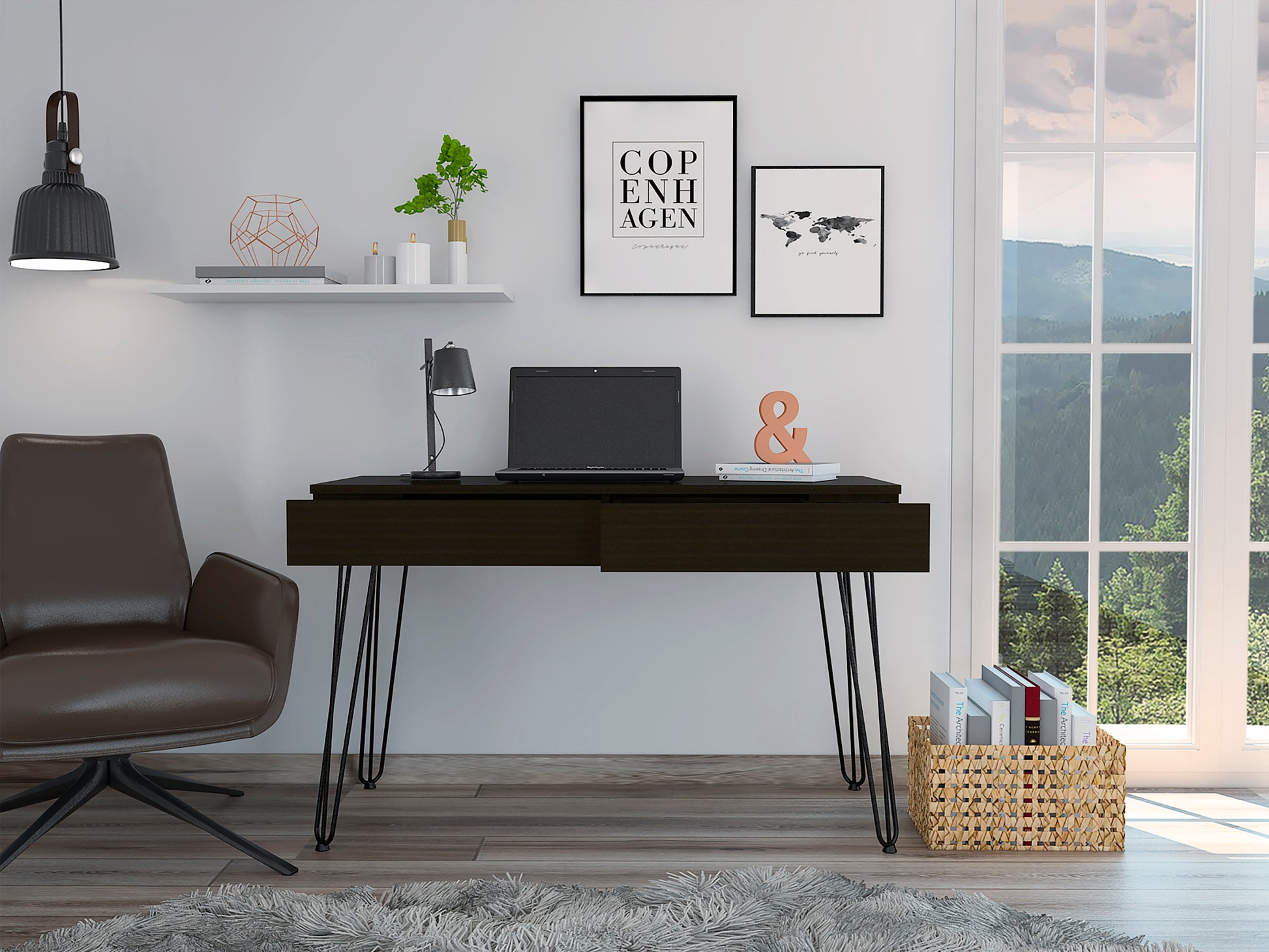 Mumbai 2 Drawers Computer Desk With Hairpin Legs Black Black Computer Desk Office Modern Rectangular Desk Rectangular Particle Board Particle Board