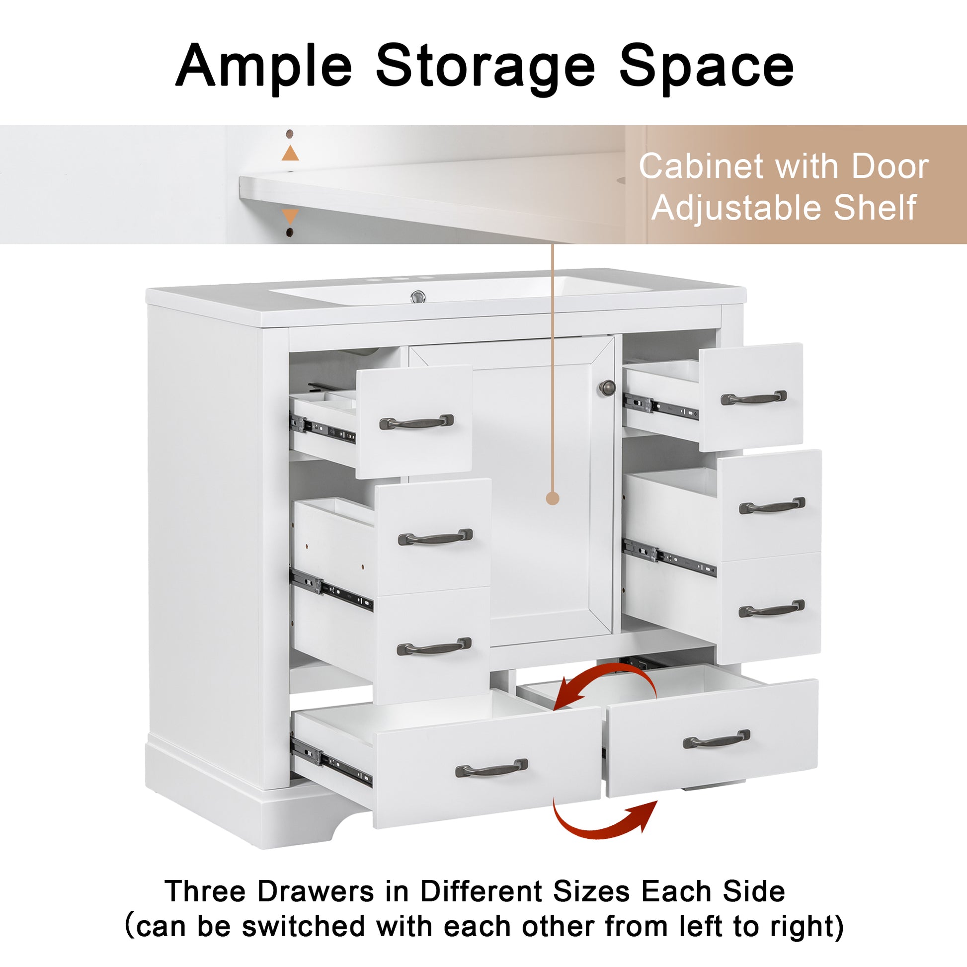 36" Bathroom Vanity With Sink Combo, Six Drawers, Multi Functional Drawer Divider, Adjustable Shelf, White Old Sku:Sy999808Aak White Solid Wood Mdf