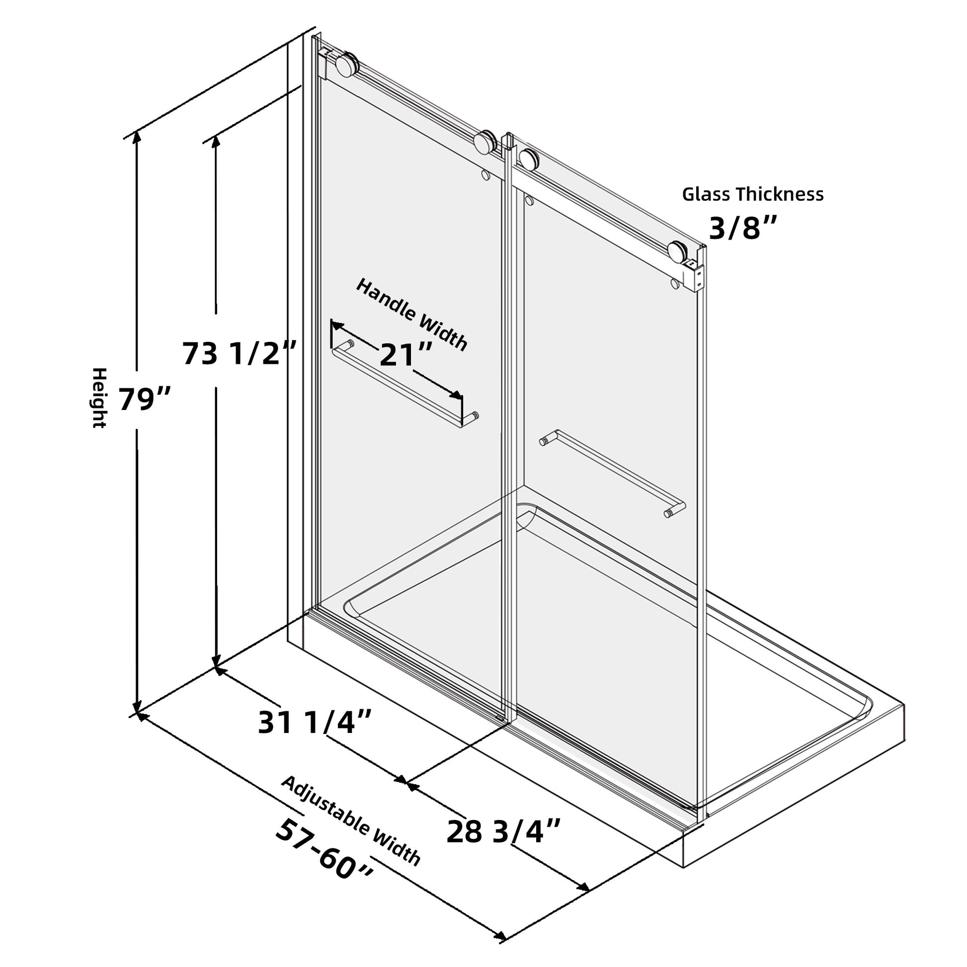 Frameless Double Sliding Shower, 57" 60" Width, 79" Height, 3 8" 10 Mm Clear Tempered Glass,Designed For Smooth Door Closing With Upgraded Crashproof System Technology Matte Black Finish Matte Black Glass