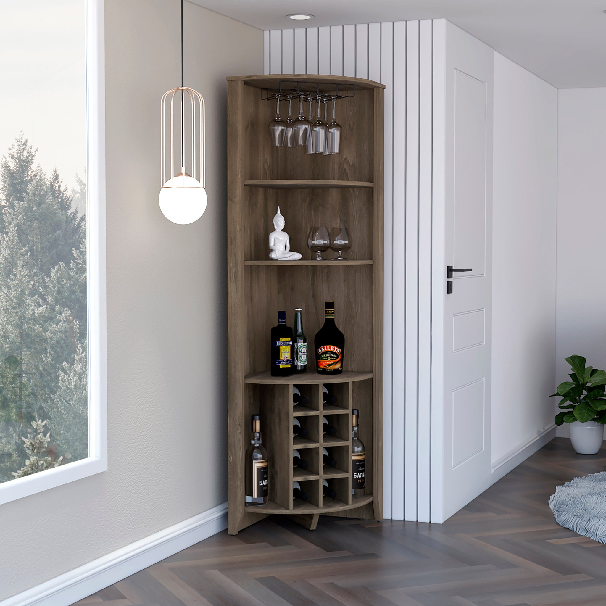 Essential Corner Bar Cabinetthree Shelves, Eight Built In Wine Rack, Two Side Shelves Dark Brown Walnut Particle Board