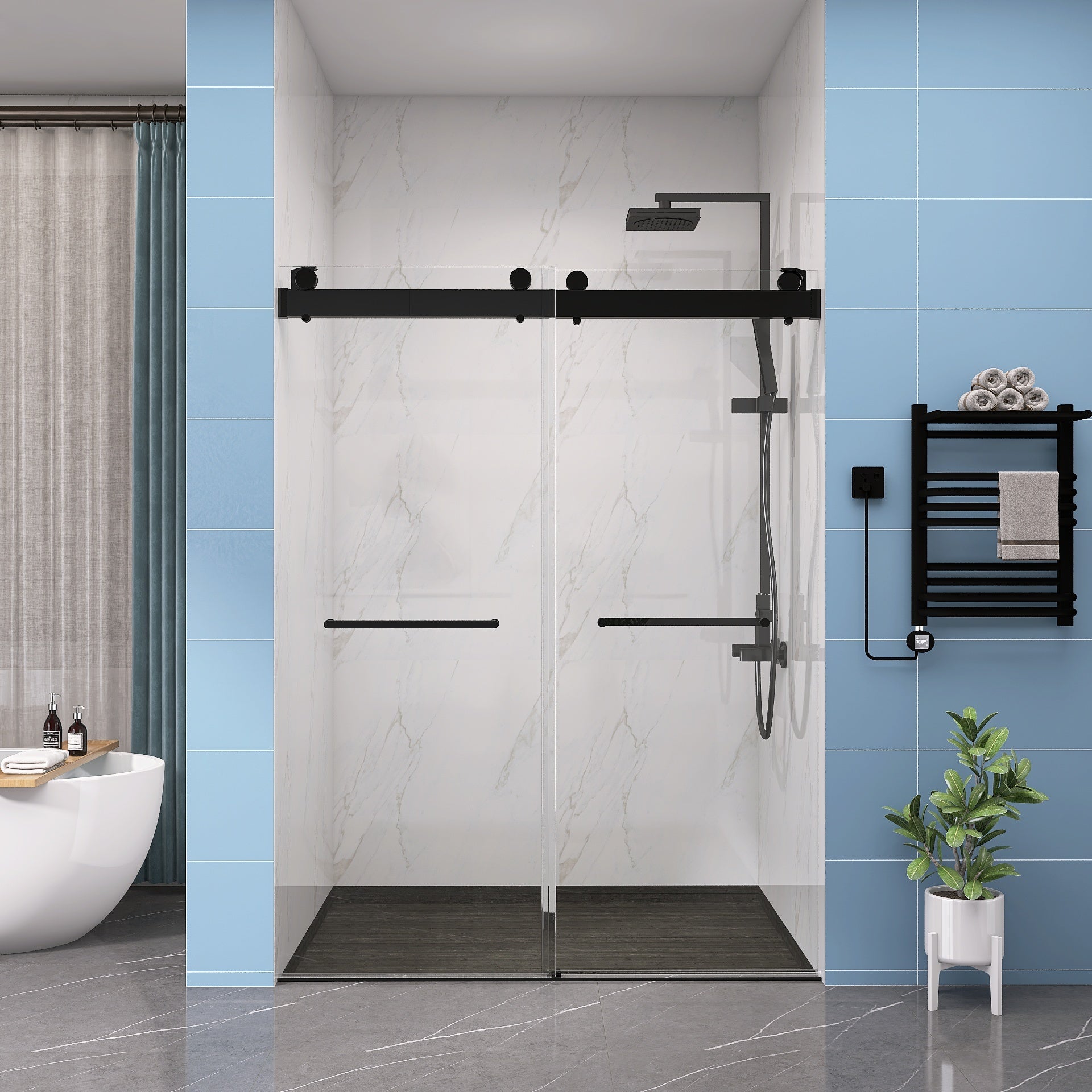 Frameless Double Sliding Shower, 69" 72" Width, 79" Height, 3 8" 10 Mm Clear Tempered Glass,Designed For Smooth Door With Clear Tempered Glass And Stainless Steel Hardware In Matte Black Finish Matte Black Bathroom Modern Glass