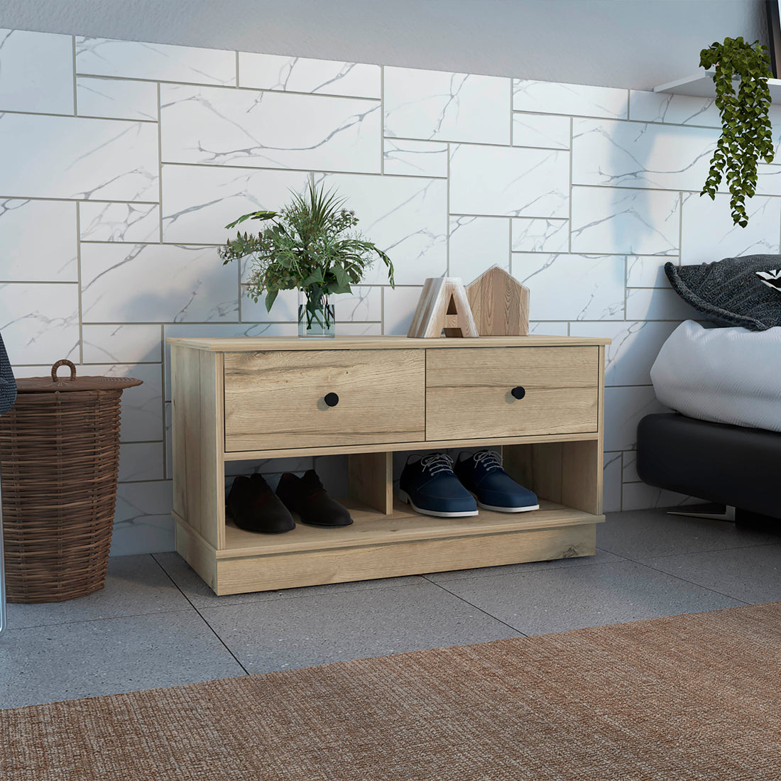 Tulip Storage Bench, Two Drawers, Two Shelves Beige Mdf Engineered Wood