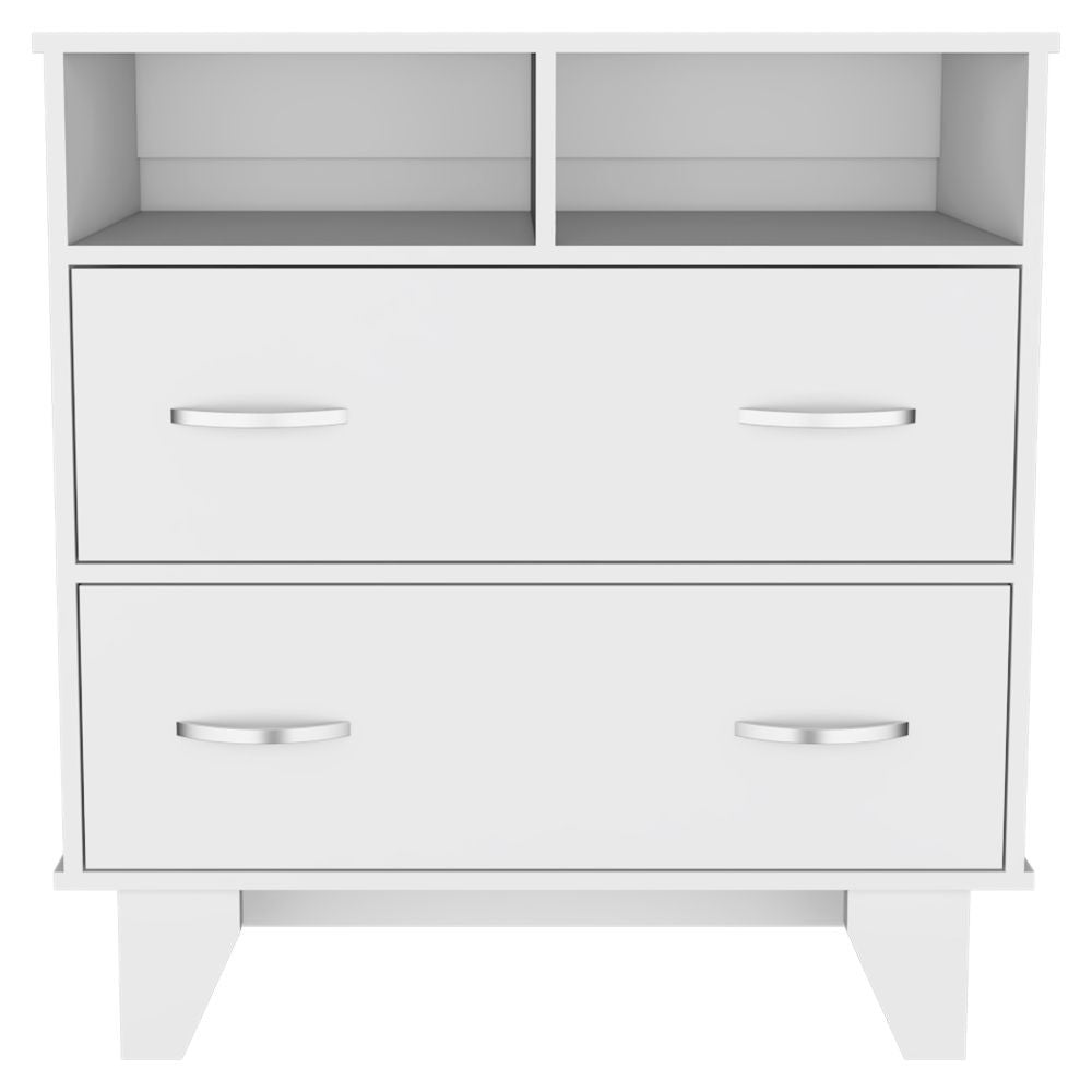 Portanova Two Drawer Dresser, Two Open Shelves, Superior Top, Four Legs White White Drawer 2 Drawers Bedroom Shelf Modern Particle Board Particle Board