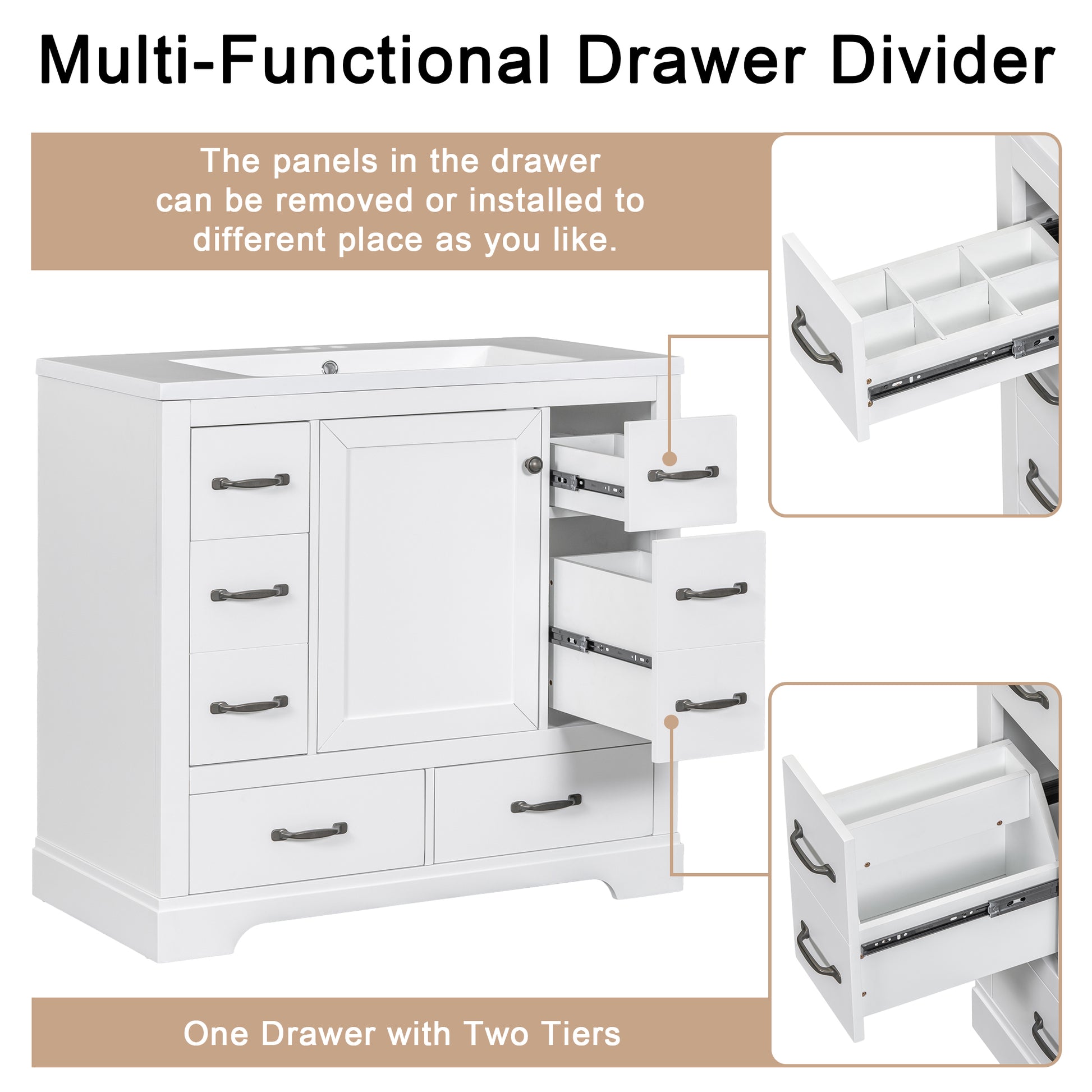 36" Bathroom Vanity With Sink Combo, Six Drawers, Multi Functional Drawer Divider, Adjustable Shelf, White White Solid Wood Mdf