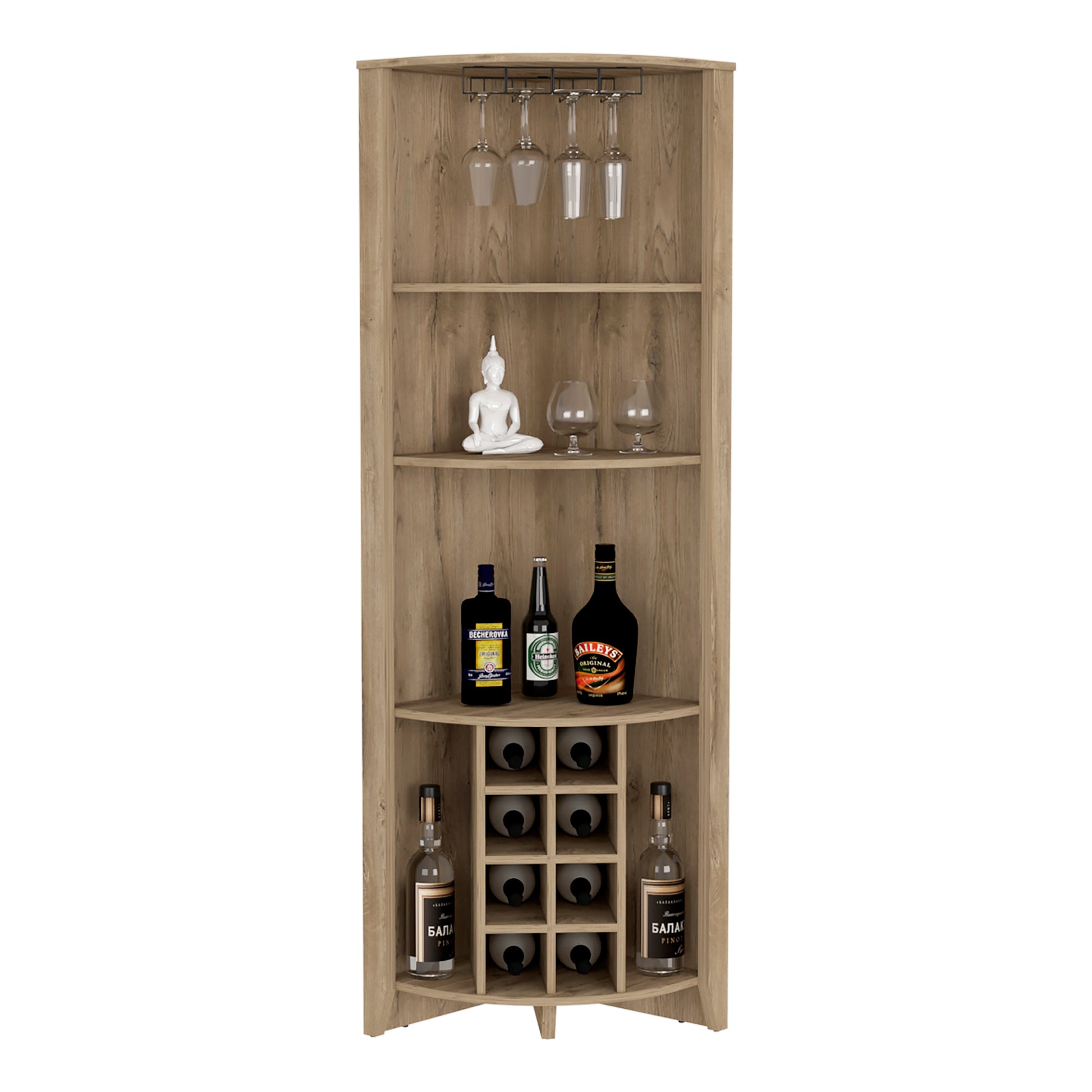 Essential Corner Bar Cabinetthree Shelves, Eight Built In Wine Rack, Two Side Shelves Beige Primary Living Space Modern Shelves Included Particle Board