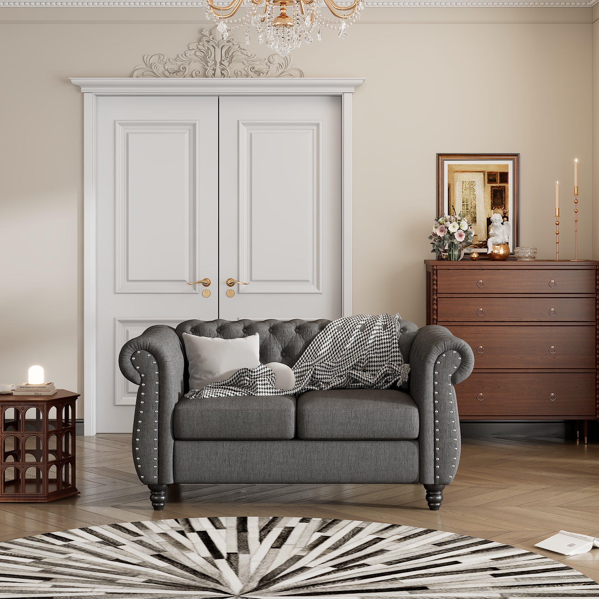 60" Modern Sofa Dutch Plush Upholstered Sofa, Solid Wood Legs, Buttoned Tufted Backrest, Gray Gray Foam Polyester