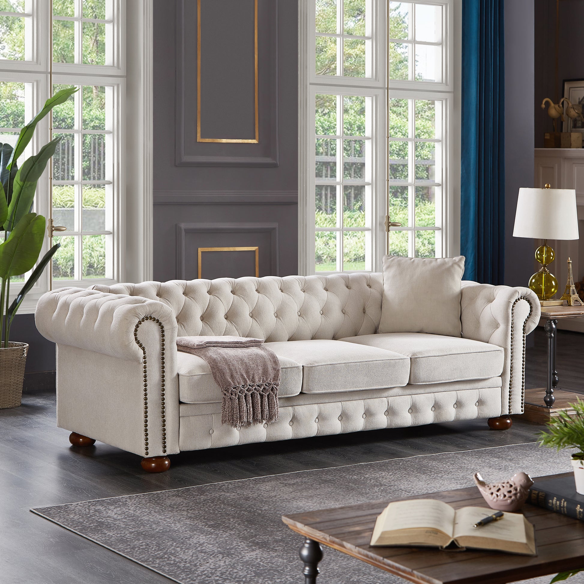 Chesterfield Sofa Beige Linen Fabric Beige Beige Foam Fabric