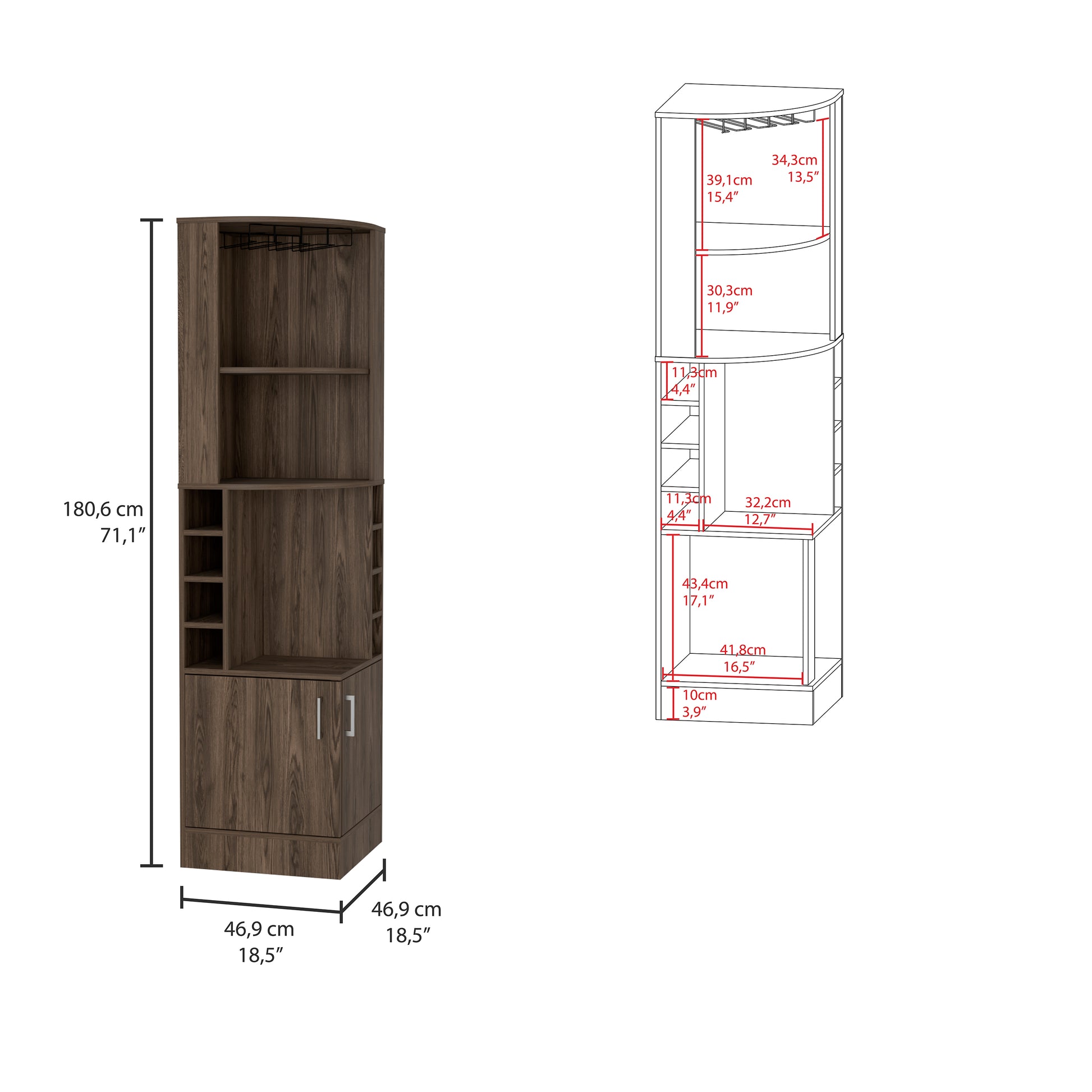 Syrah Corner Bar Cabinet, Two External Shelves Dark Walnut Brown Particle Board Particle Board