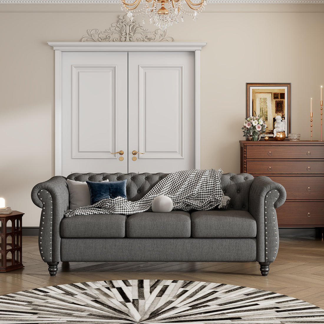 82" Modern Sofa Dutch Plush Upholstered Sofa, Solid Wood Legs, Buttoned Tufted Backrest, Gray Gray Foam Polyester