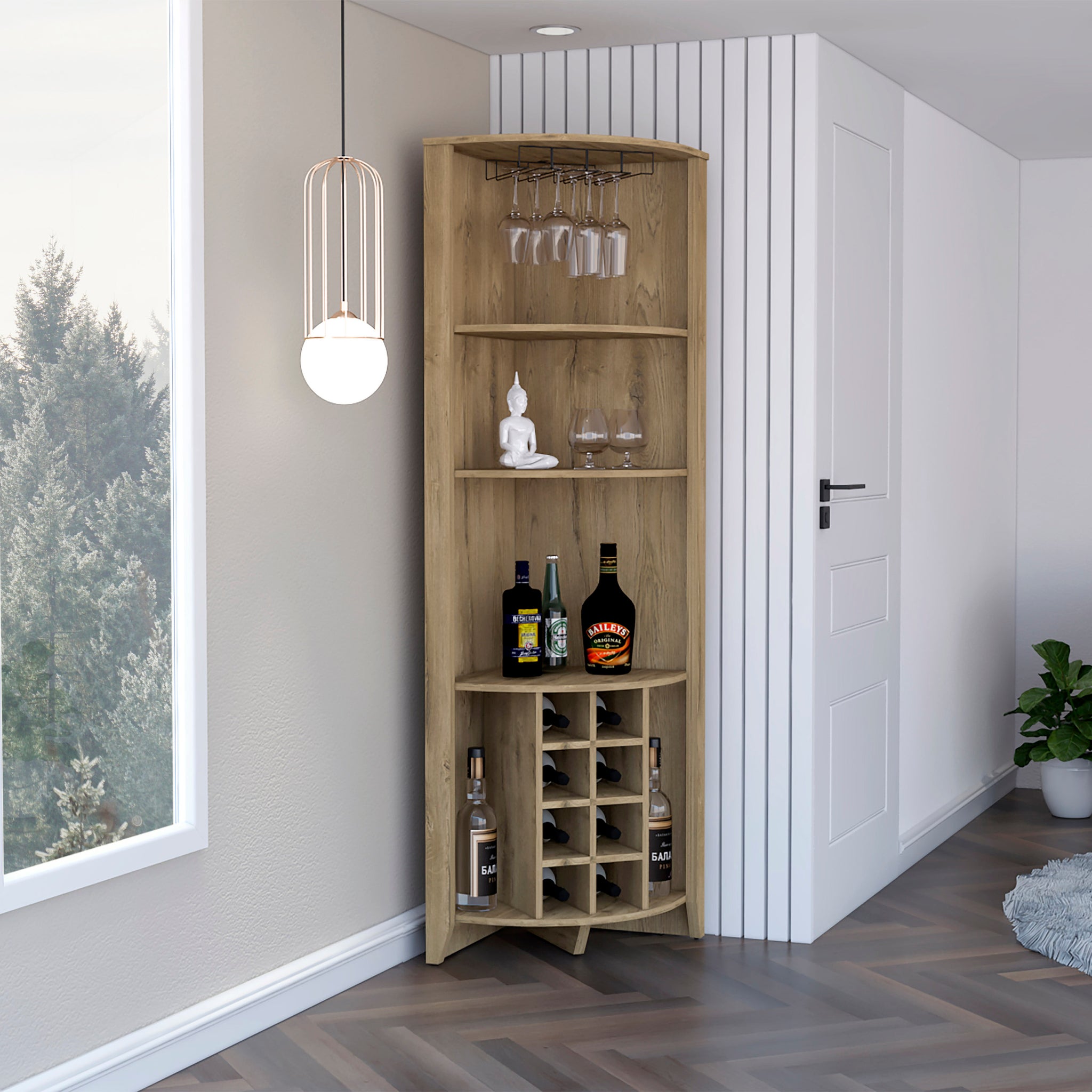 Essential Corner Bar Cabinetthree Shelves, Eight Built In Wine Rack, Two Side Shelves Beige Primary Living Space Modern Shelves Included Particle Board