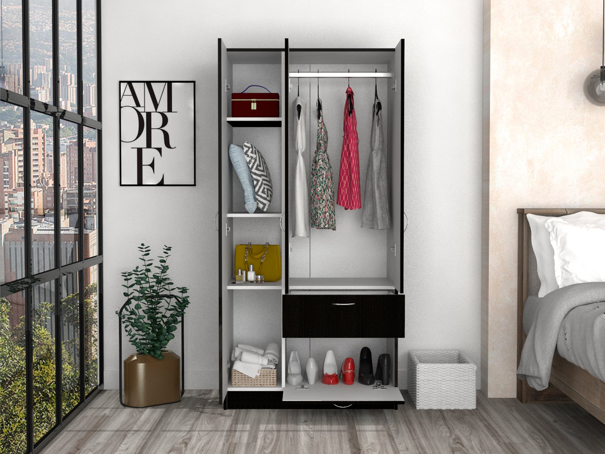 Primavera Armoire, Double Door Cabinets, One Drawer, Metal Rod, Five Shelves Black White Multicolor Particle Board Particle Board