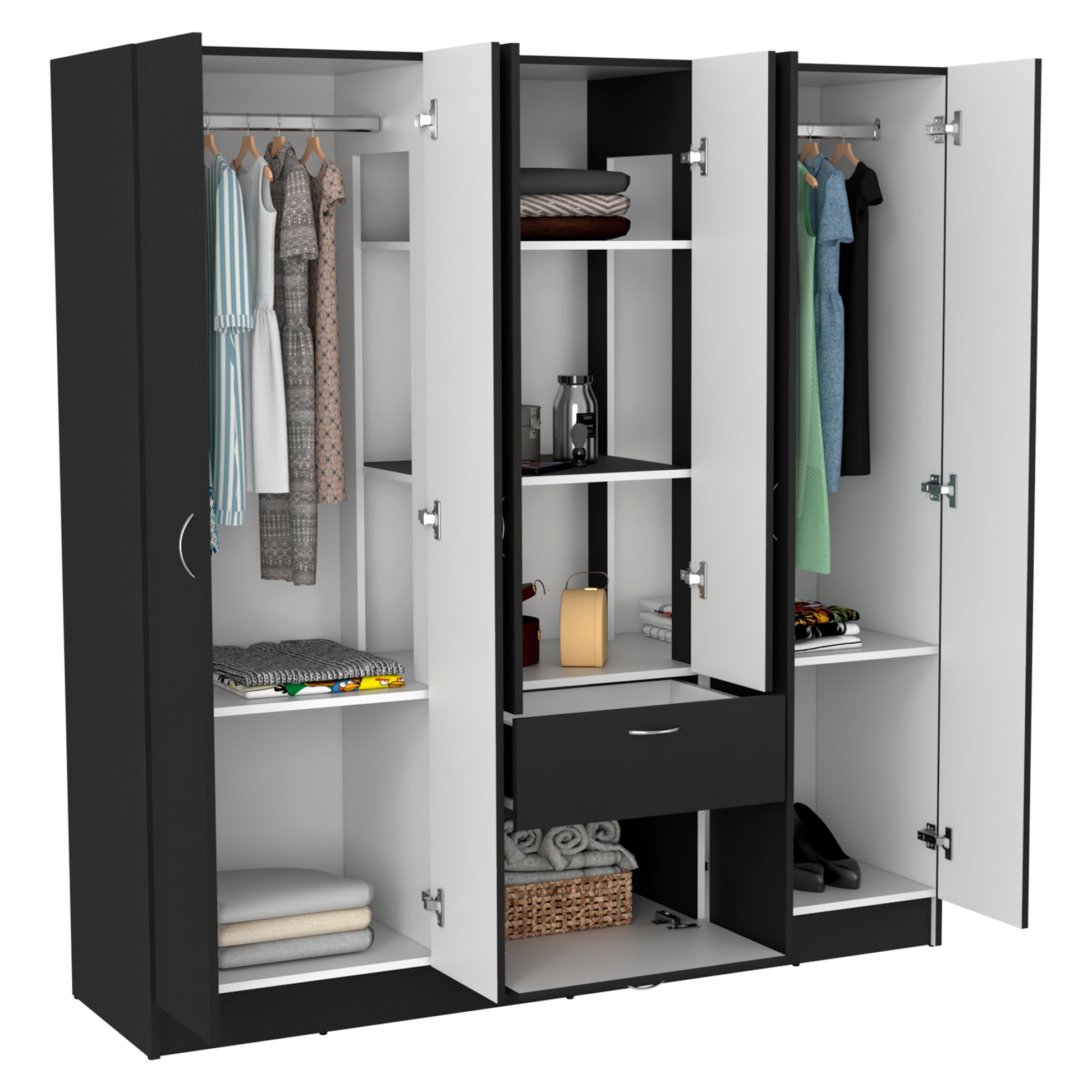 Mitu Six Doors Armoire, Seven Interior Shelves, One Drawer, Rod Black White Black Particle Board