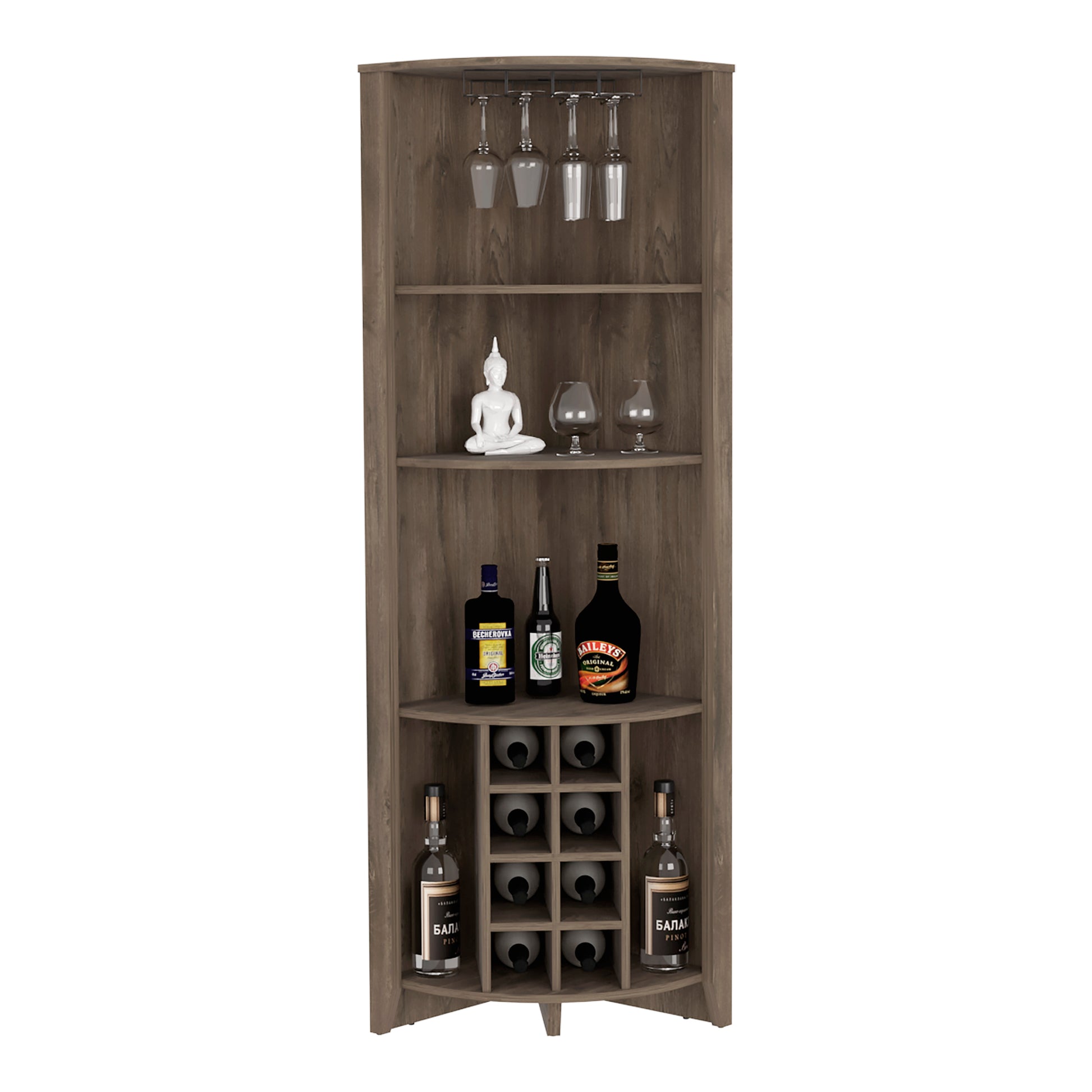 Essential Corner Bar Cabinetthree Shelves, Eight Built In Wine Rack, Two Side Shelves Dark Brown Dark Brown Dining Room Modern Shelves Included Particle Board