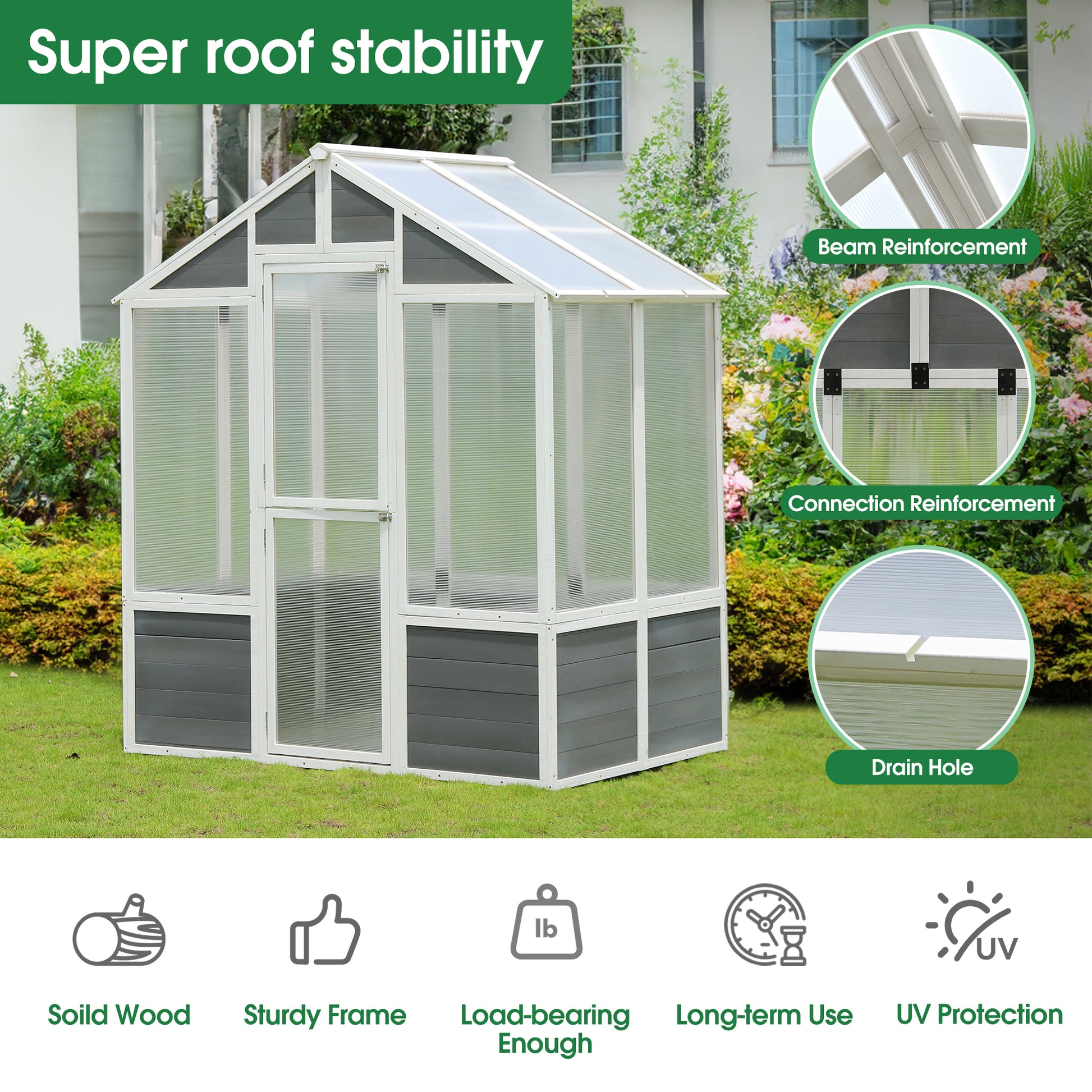 Greenhouse, Wooden Greenhouse Polycarbonate Garden Shed For Plants, 76''X48''X86'' Walk In Outdoor Plant Gardening Greenhouse For Patio Backyard Lawn, Grow House With Front Entry Door White Gray Garden & Outdoor Wood Glass