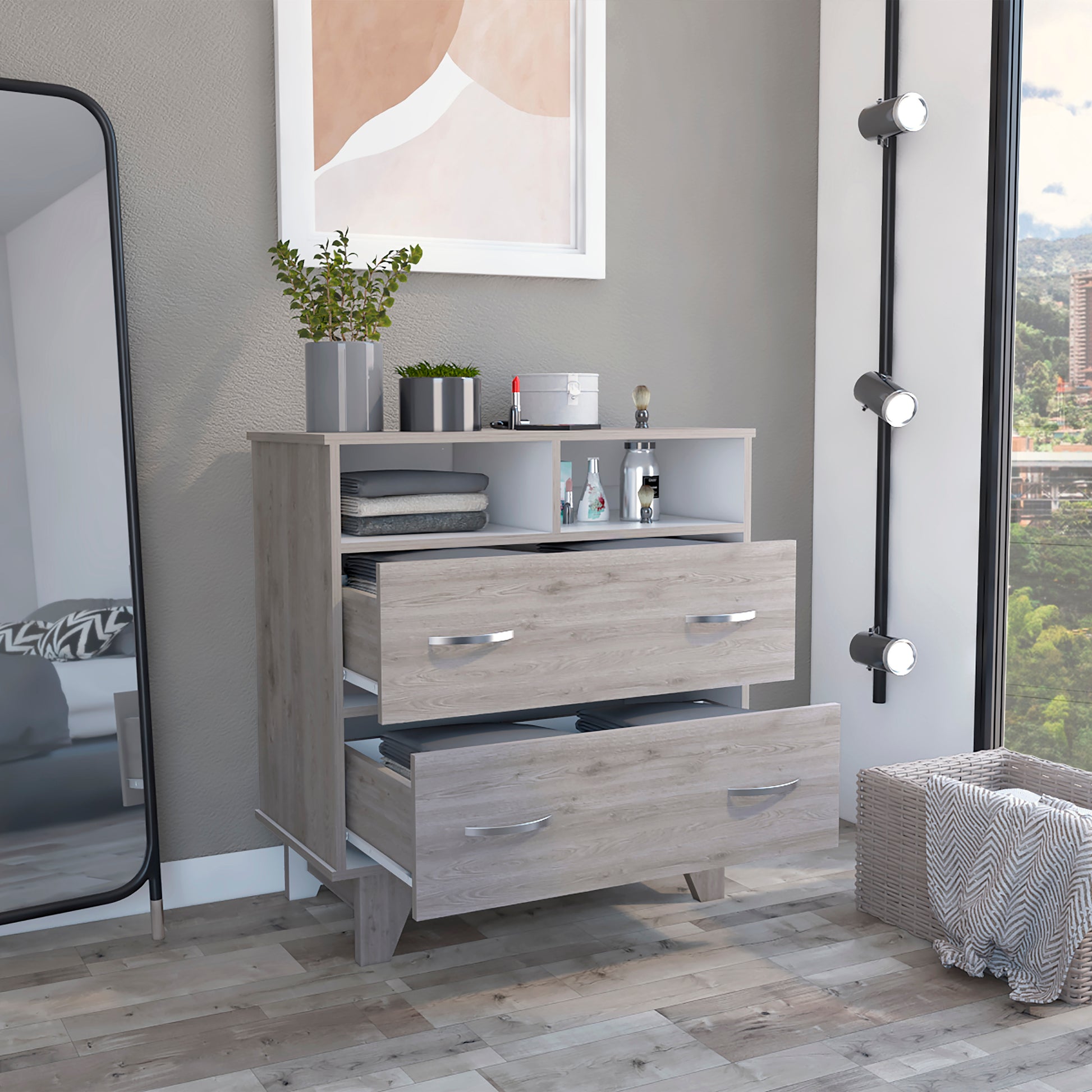 Portanova Two Drawer Dresser, Two Open Shelves, Superior Top, Four Legs Light Gray White Gray Bedroom Modern Particle Board Particle Board