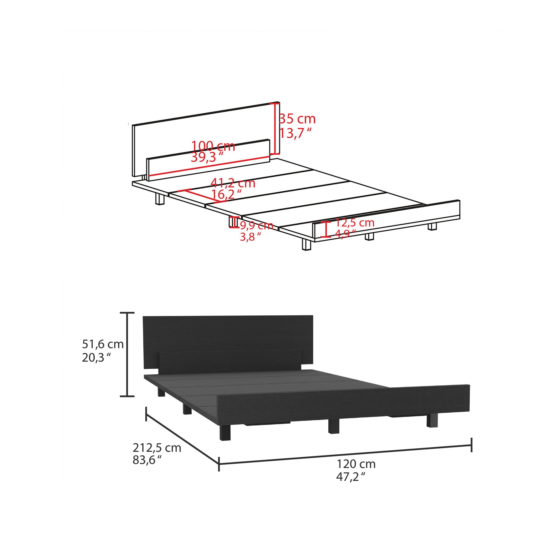 Kaia Twin Bed Base, Headboard Black Twin Black Composite Bedroom Modern Bed Frame Particle Board Particle Board