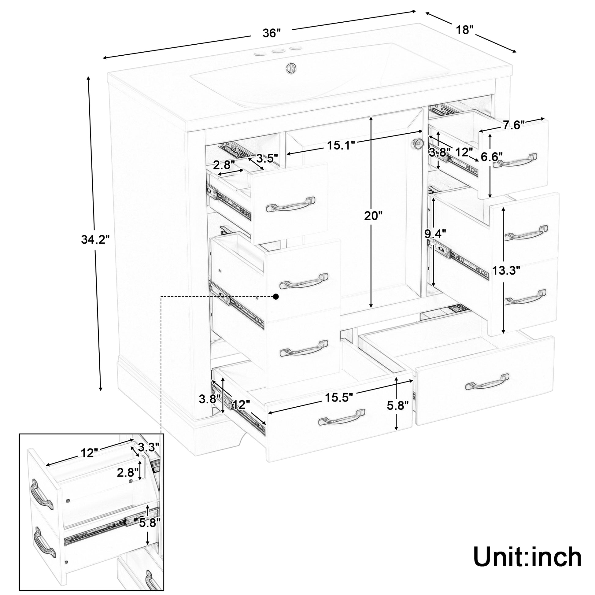 36" Bathroom Vanity With Sink Combo, Six Drawers, Multi Functional Drawer Divider, Adjustable Shelf, White White Solid Wood Mdf