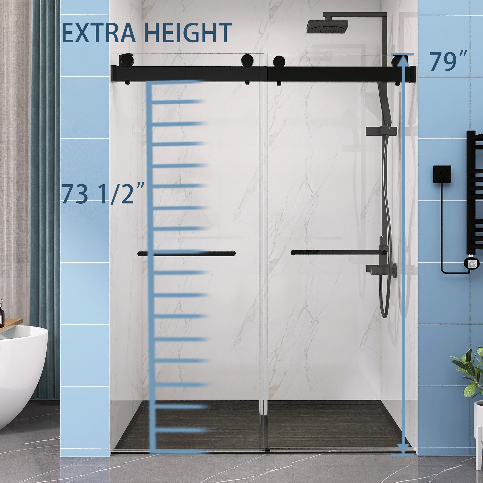 Frameless Double Sliding Shower, 57" 60" Width, 79" Height, 3 8" 10 Mm Clear Tempered Glass,Designed For Smooth Door Closing With Upgraded Crashproof System Technology Matte Black Finish Matte Black Glass