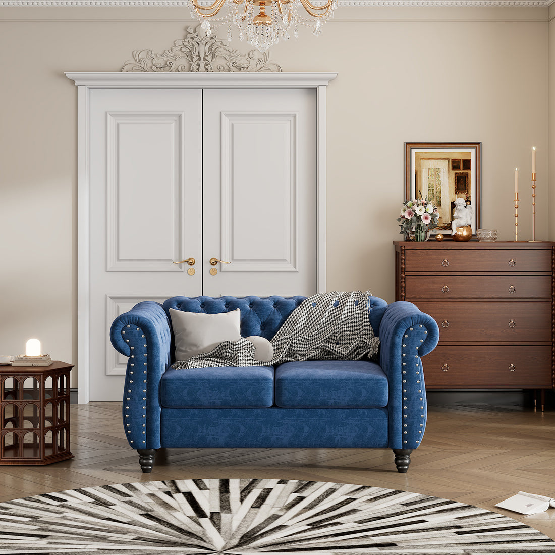 60" Modern Sofa Dutch Plush Upholstered Sofa, Solid Wood Legs, Buttoned Tufted Backrest, Blue Blue Foam Polyester