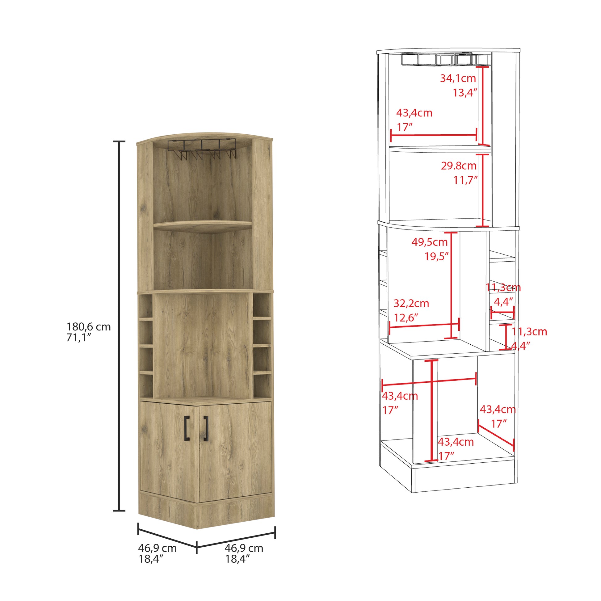 Syrah Corner Bar Cabinet, Eight Bottle Cubbies, Double Door, Two Open Shelves Macadamia Mahogany Particle Board