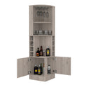 Syrah Corner Bar Cabinet, Eight Bottle Cubbies, Double Door, Two Open Shelves 1 2 Shelves Light Gray Gray Dining Room Open Storage Space Modern Particle Board