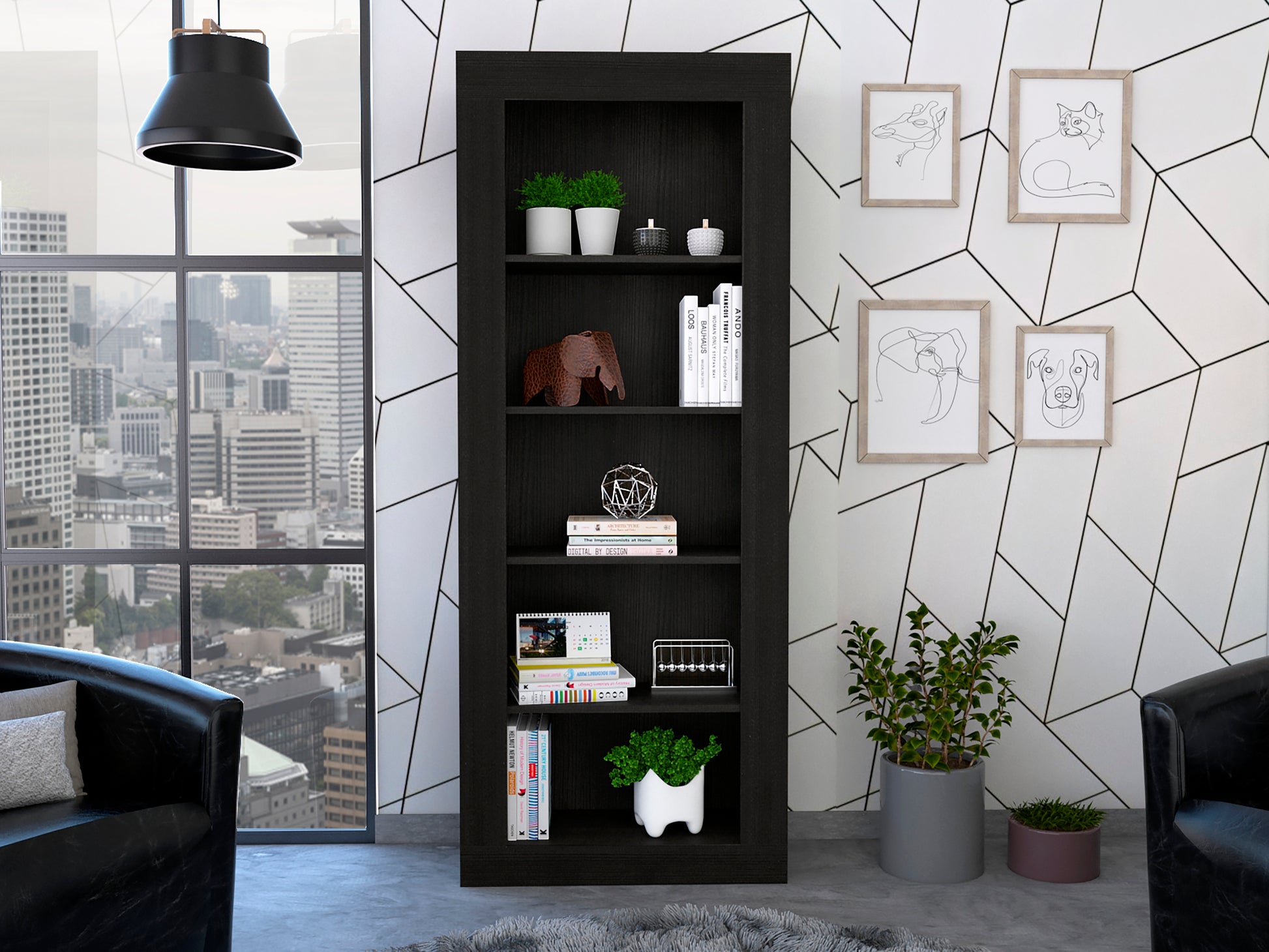 Andina Bookcase, Vertical Design, Five Shelves Black Black Primary Living Space Shelves Included Modern Particle Board Particle Board