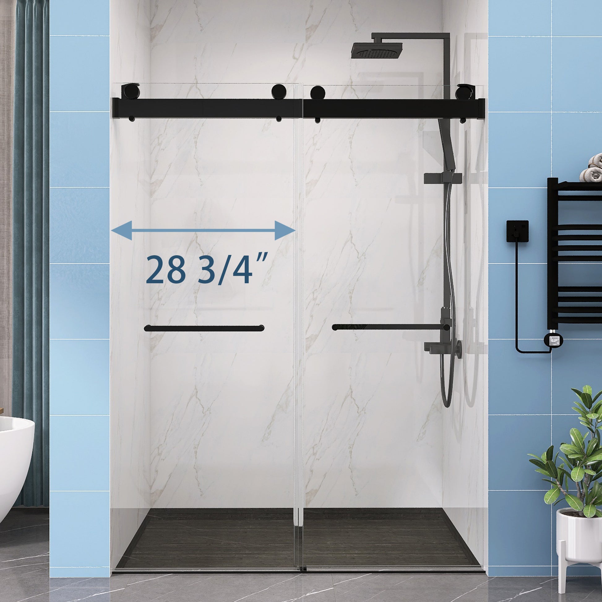 Frameless Double Sliding Shower, 57" 60" Width, 79" Height, 3 8" 10 Mm Clear Tempered Glass,Designed For Smooth Door Closing With Upgraded Crashproof System Technology Matte Black Finish Matte Black Glass