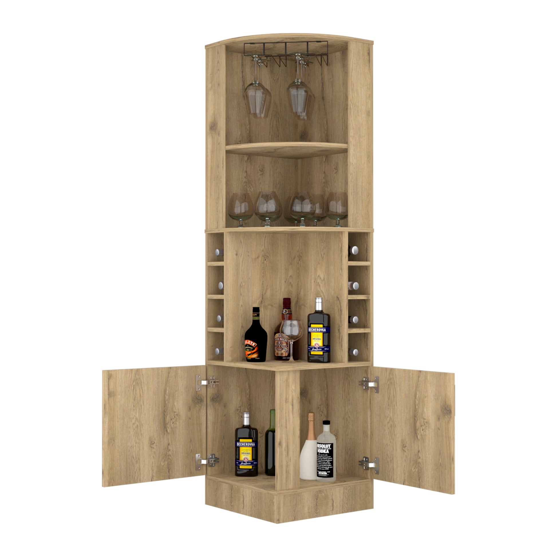 Syrah Corner Bar Cabinet, Eight Bottle Cubbies, Double Door, Two Open Shelves Old Pine Particle Board