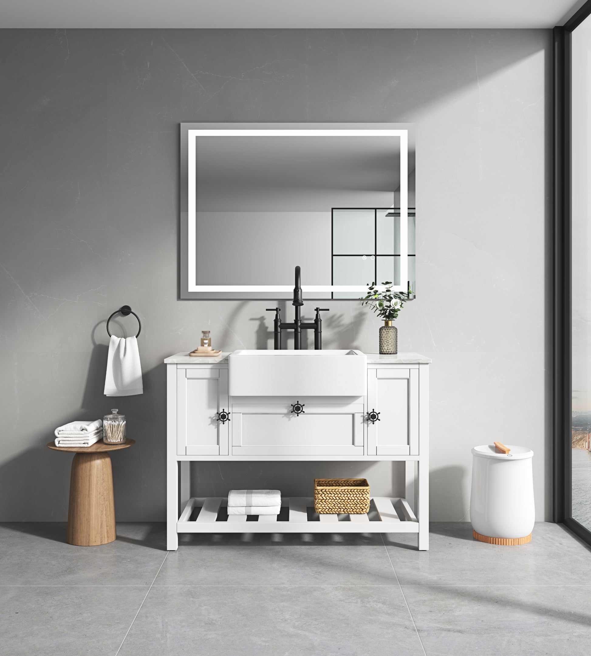 Led Bathroom Mirror 48 "X 36 " With Front And Backlight, Large Dimmable Wall Mirrors With Anti Fog, Memory, 3Colors, Led Vanity Mirror White Aluminium