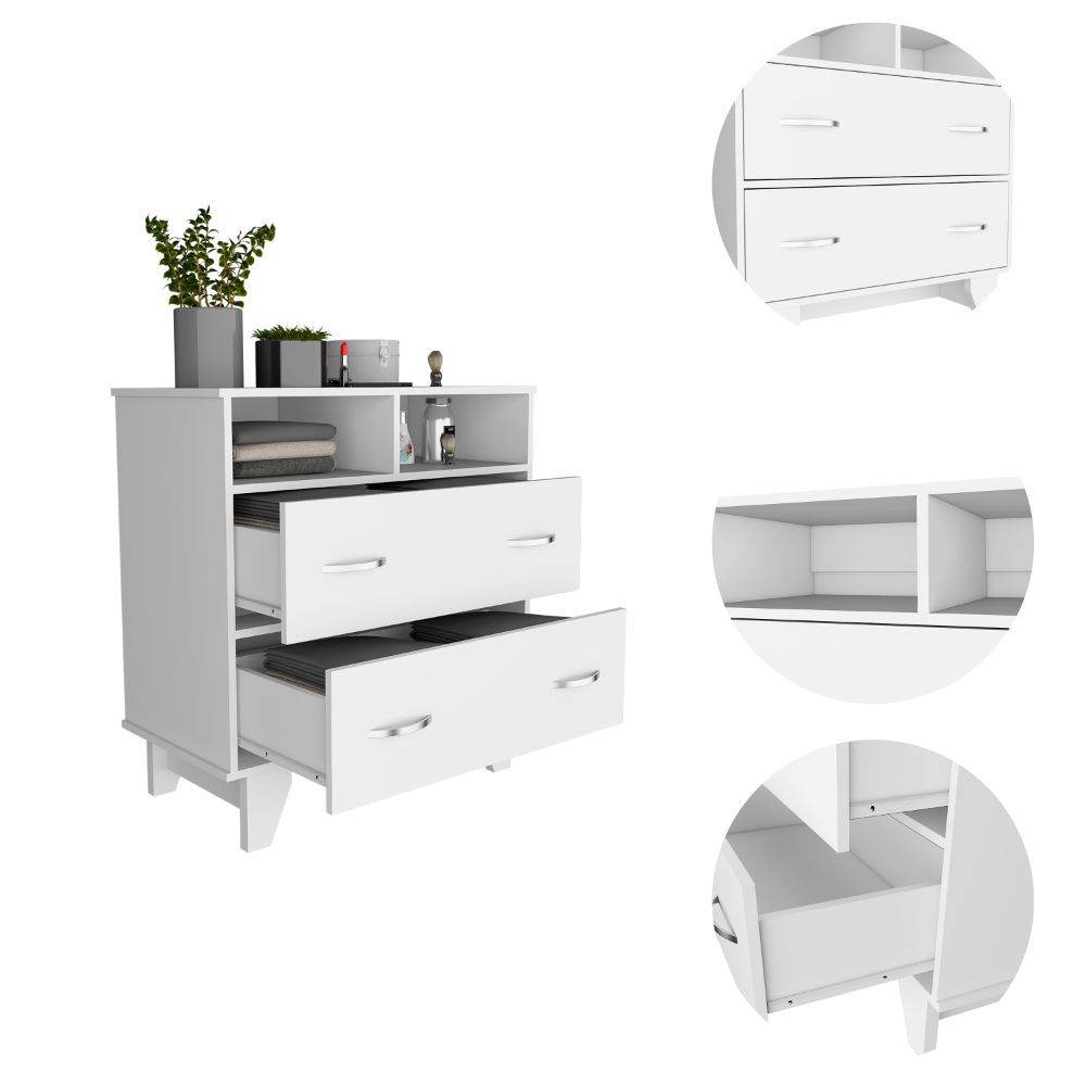 Portanova Two Drawer Dresser, Two Open Shelves, Superior Top, Four Legs White White Drawer 2 Drawers Bedroom Shelf Modern Particle Board Particle Board