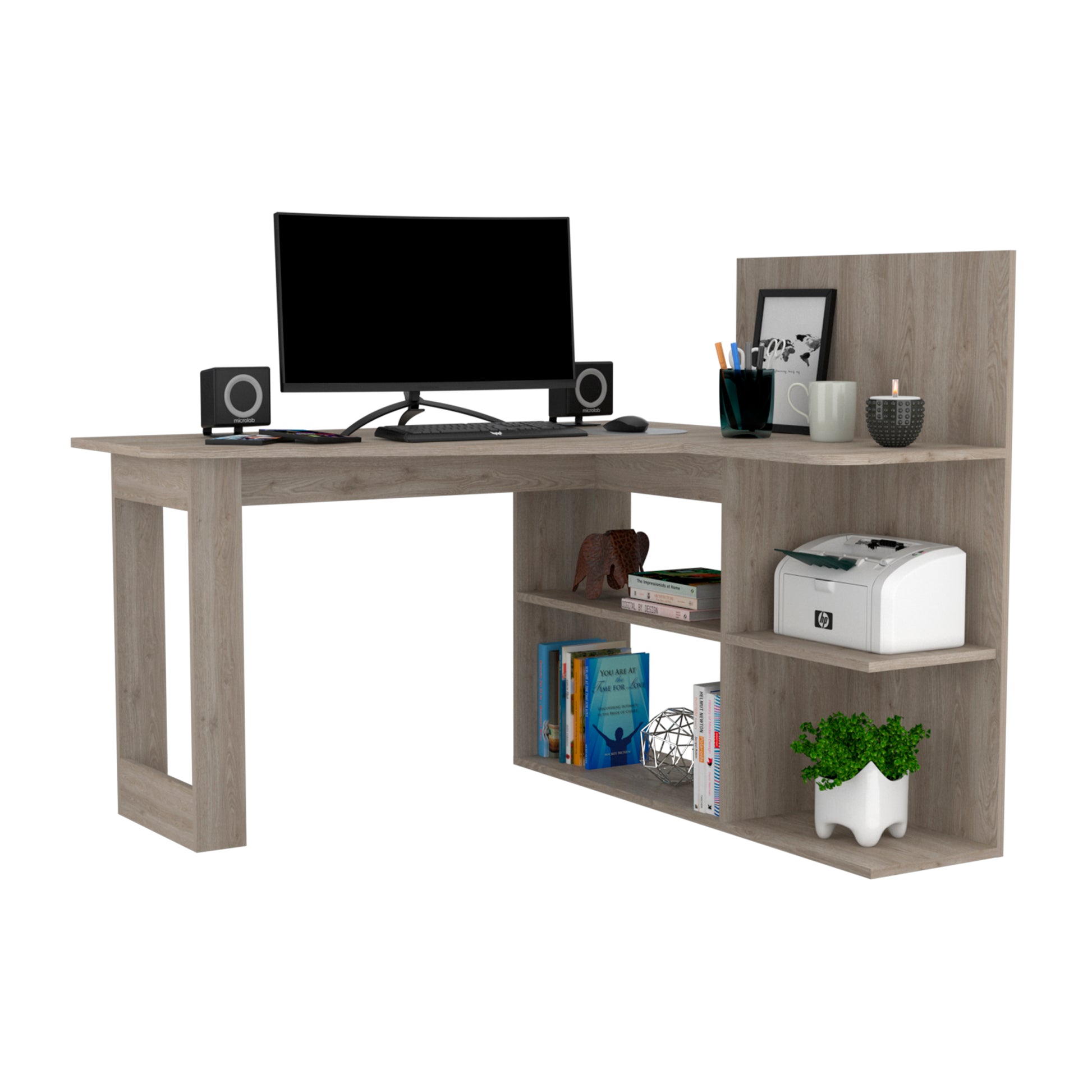 Masai Writing Computer Desk, Five Open Shelves Light Gray Gray Computer Desk Office Modern Freestanding Rectangular Desk Rectangular Particle Board Particle Board