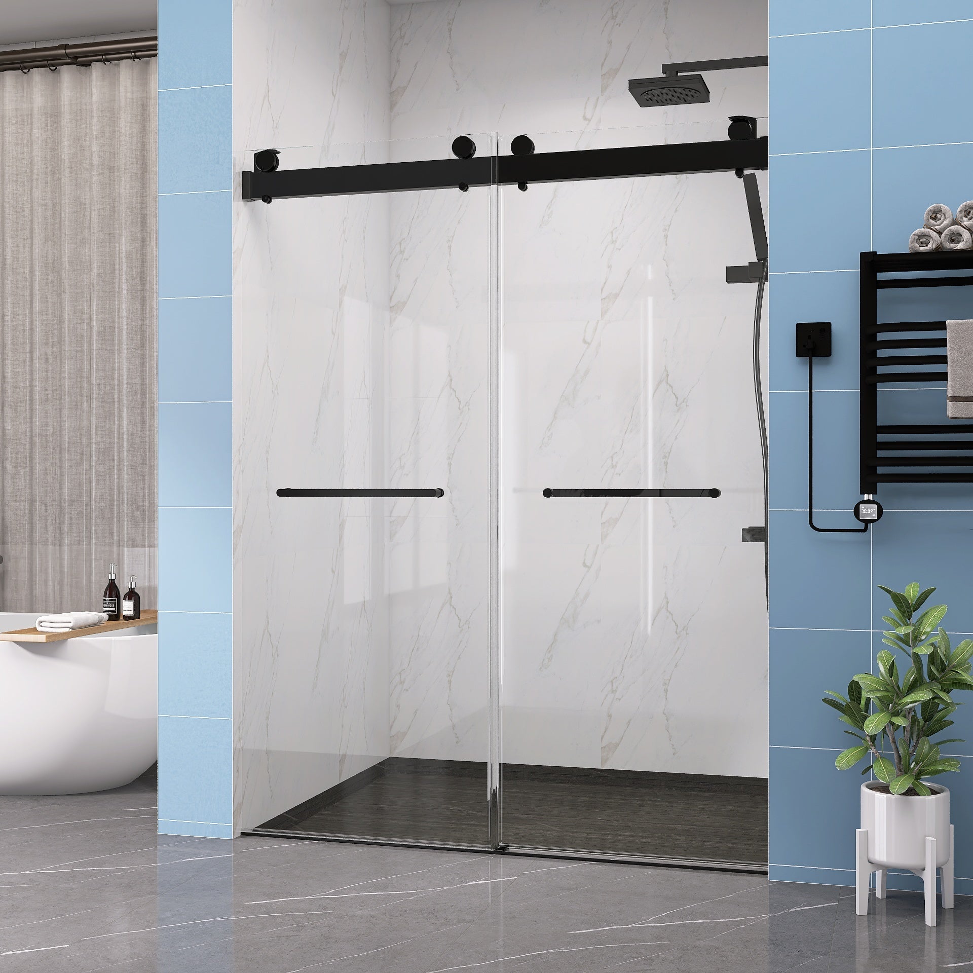 Frameless Double Sliding Shower, 57" 60" Width, 79" Height, 3 8" 10 Mm Clear Tempered Glass,Designed For Smooth Door Closing With Upgraded Crashproof System Technology Matte Black Finish Matte Black Glass